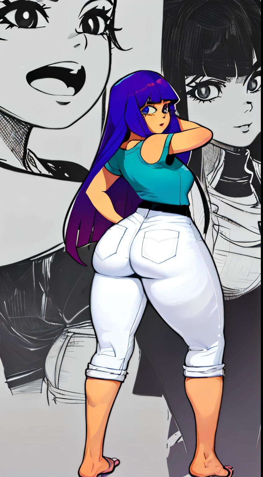 (((Girl, extremely detailed, extremely detailed legs, extremely detailed arms, extremely detailed face, perfectly detailed eyes, perfectly detailed))): ((solo)), huge thighs, curvature, thicc, white cropped jumpsuit, rolled up pants, rolled up sleeves, huge ass, looking over shoulder, bare feet, 4kHD, shaking ass