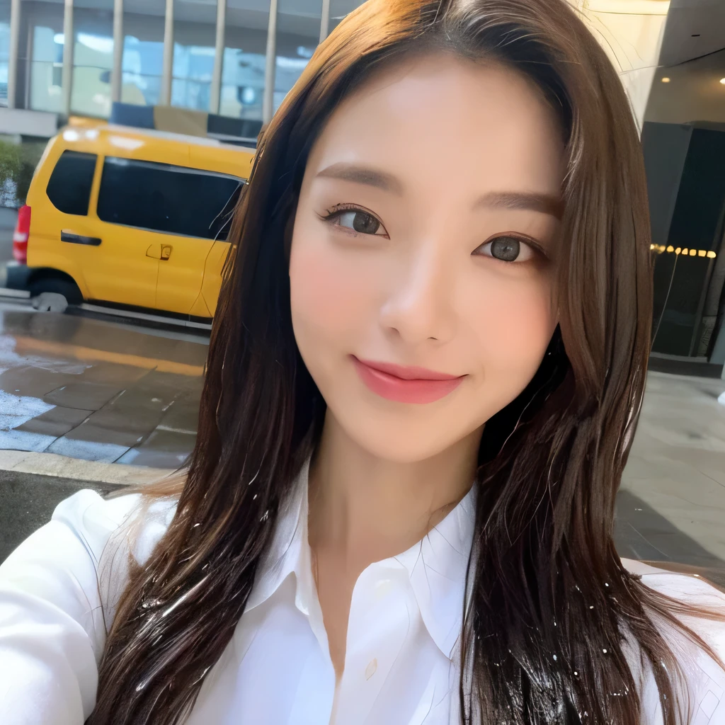 ((highest quality, 8k, masterpiece: 1.3)), sharp focus: 1.2, beautiful woman with perfect figure: 1.4, slim abs: 1.2, (layered hairstyles,: 1.2)), (wet white button long shirt: 1.3), rain: 1.3, street: 1.2, wet body: 1.1, Highly detailed face and skin texture, fine eyes, double eyelid, big breasts, smile,