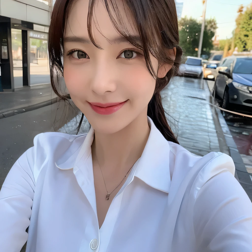 ((highest quality, 8k, masterpiece: 1.3)), sharp focus: 1.2, beautiful woman with perfect figure: 1.4, slim abs: 1.2, (layered hairstyles,: 1.2)), (wet white button long shirt: 1.3), rain: 1.3, street: 1.2, wet body: 1.1, Highly detailed face and skin texture, fine eyes, double eyelid, big breasts, smile,
