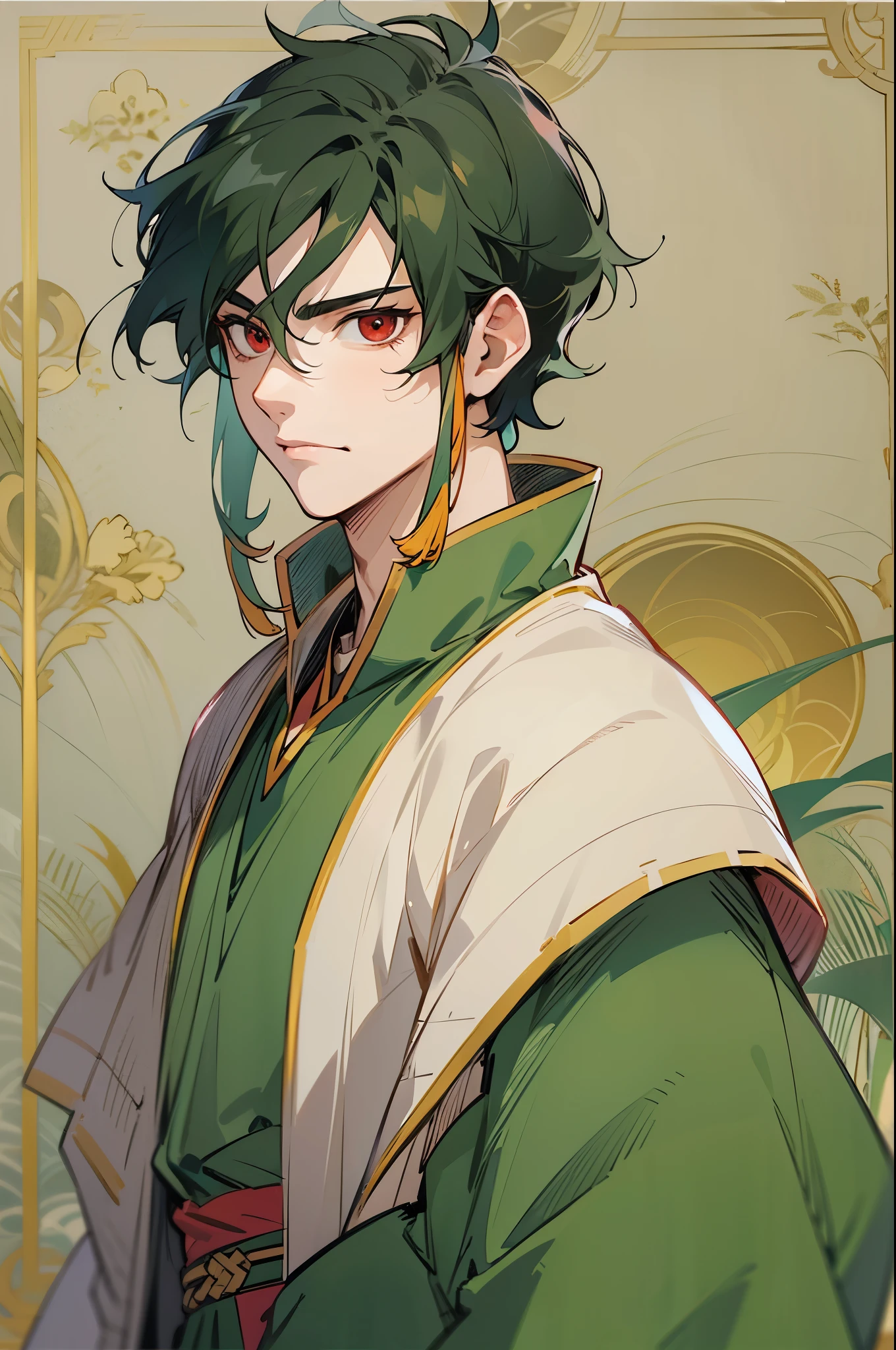1male, Young Adult, Red Eyes, Black Hair, Short Hair, Messy Hair, Confident and Calm Expression, Avatar The Last Airbender, Earth Kingdom Clothes, Dark Green Robes, Village