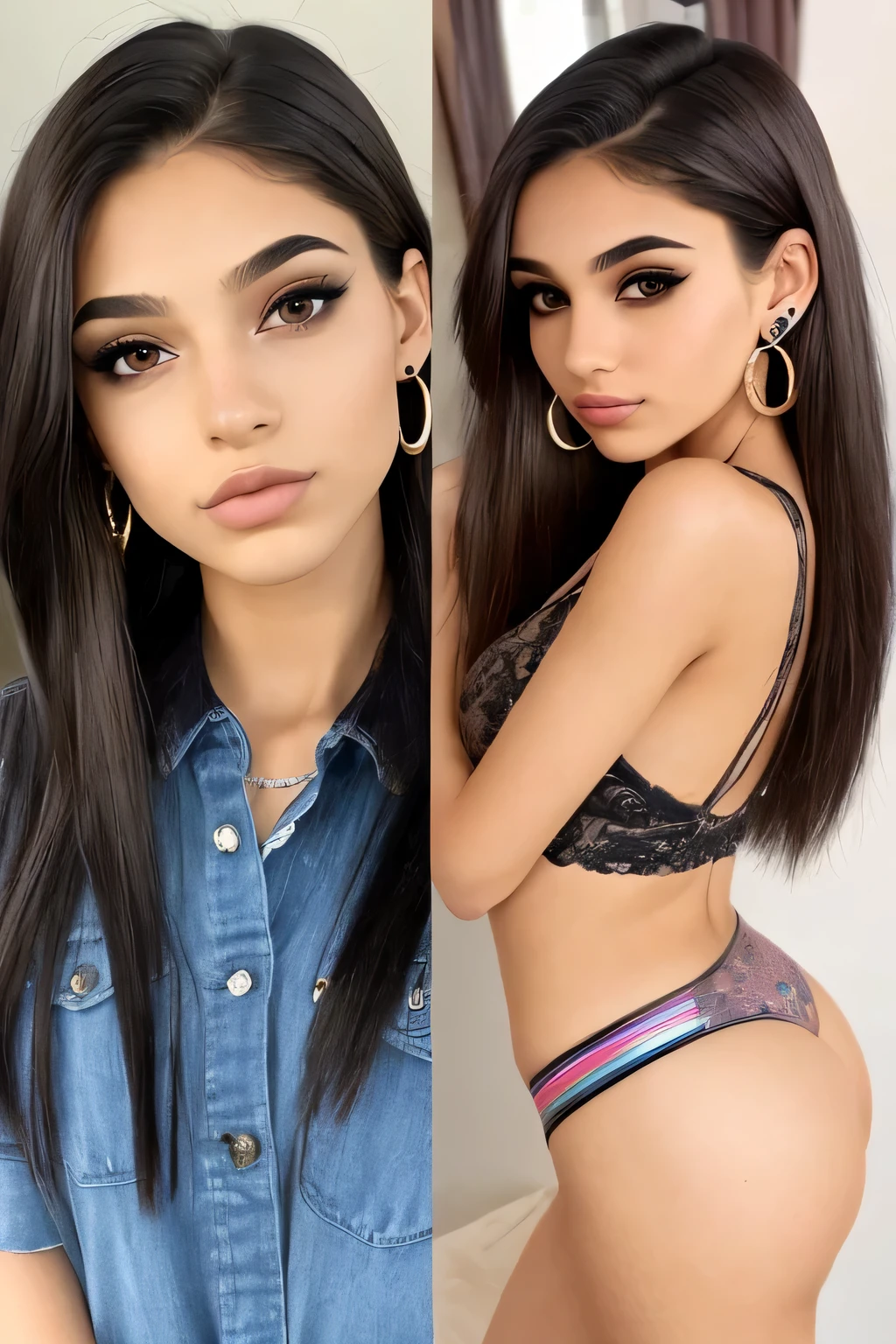 hermosa chica, Brown_eyes, ((beautiful and slim 18 year old ager, cabello color [blue highlights cabello], [duendecillo recortado] cabello)), pendientes, labios, realista, cintura estrecha, encantador, pink labiostick, maquillaje colorido, long eyelashes, pendientes, usando delineador de ojos, piel blanca, (lindo), (cara detallada), ojos detallados, iris detallado, cuerpo sexy, tetas babero, big glutes, ((long cabello)) ((tetas grandes)), Frente de vista. autofoto. 