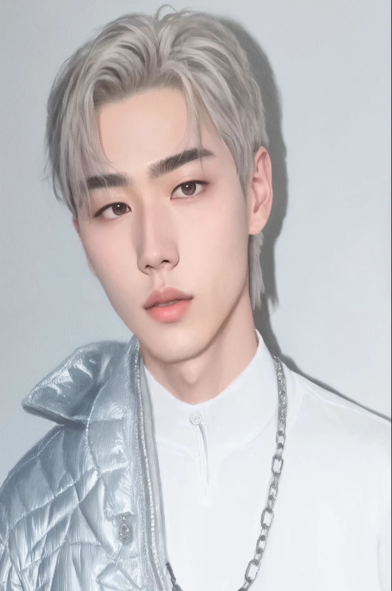 un primer plano de una persona que lleva una chaqueta y un collar, cai xukun, hyung tae, 1 7-year-old boy with a thin face, yanjun chengt, Jung Jaehyun, jinyoung shin, inspirado en jeonseok lee, sakimichan, el tiene pelos gris oscuro, inspirado en Yanjun Cheng, hong junio hyung, hombre surcoreano