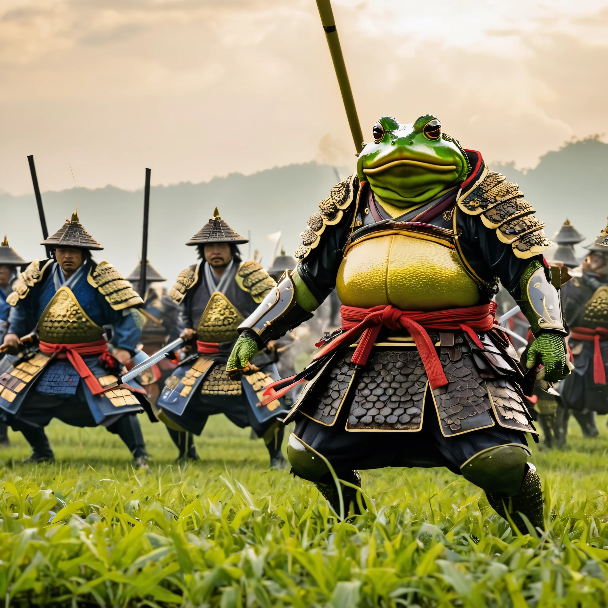 (Tyndall Effect) Toad Samurai warriors meet on the field of battle for an honor duel in Toad feudal Japan, their armies soldiers bellow and croak in support