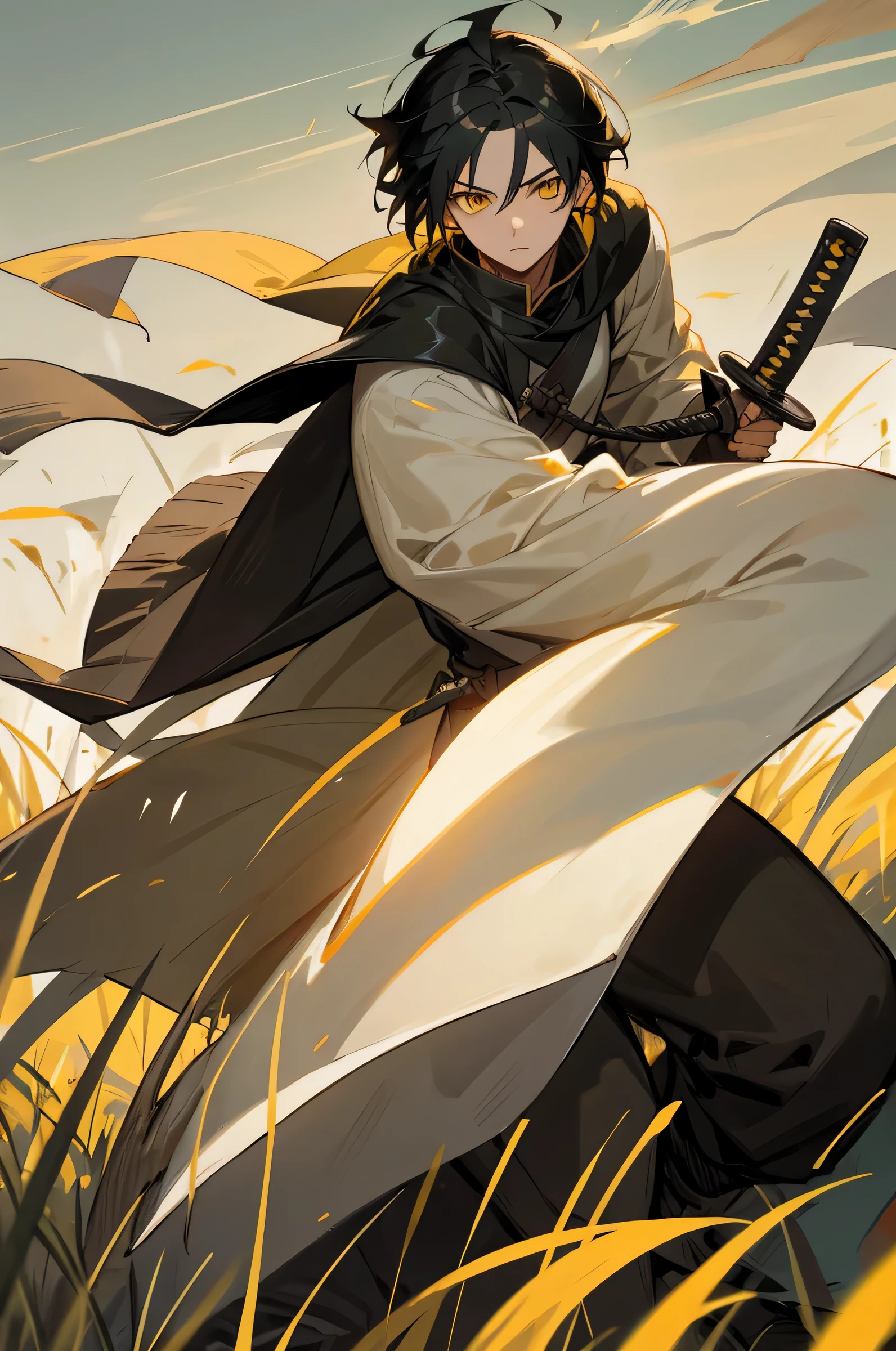  Adult, Male, Black Hair, poncho, Swordsmen, sheathe, grassland background, Yellow eyes, Freedom Fighter Clothing, Masterpiece Quality, Perfect Generation.