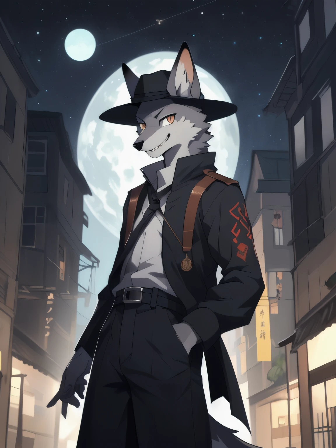 masterpiece, best quality, perfect anatomy, Bright Eyes, By Ruhu1145, 透過 k0bit0wani, hairy, gray fox, with hat,(trigger:0.25), male, alone, loose clothes, (open smile:1.1), Insidious , looking into camera),(street lamp:0.4), 中世纪小镇night view, (night view:0.4)