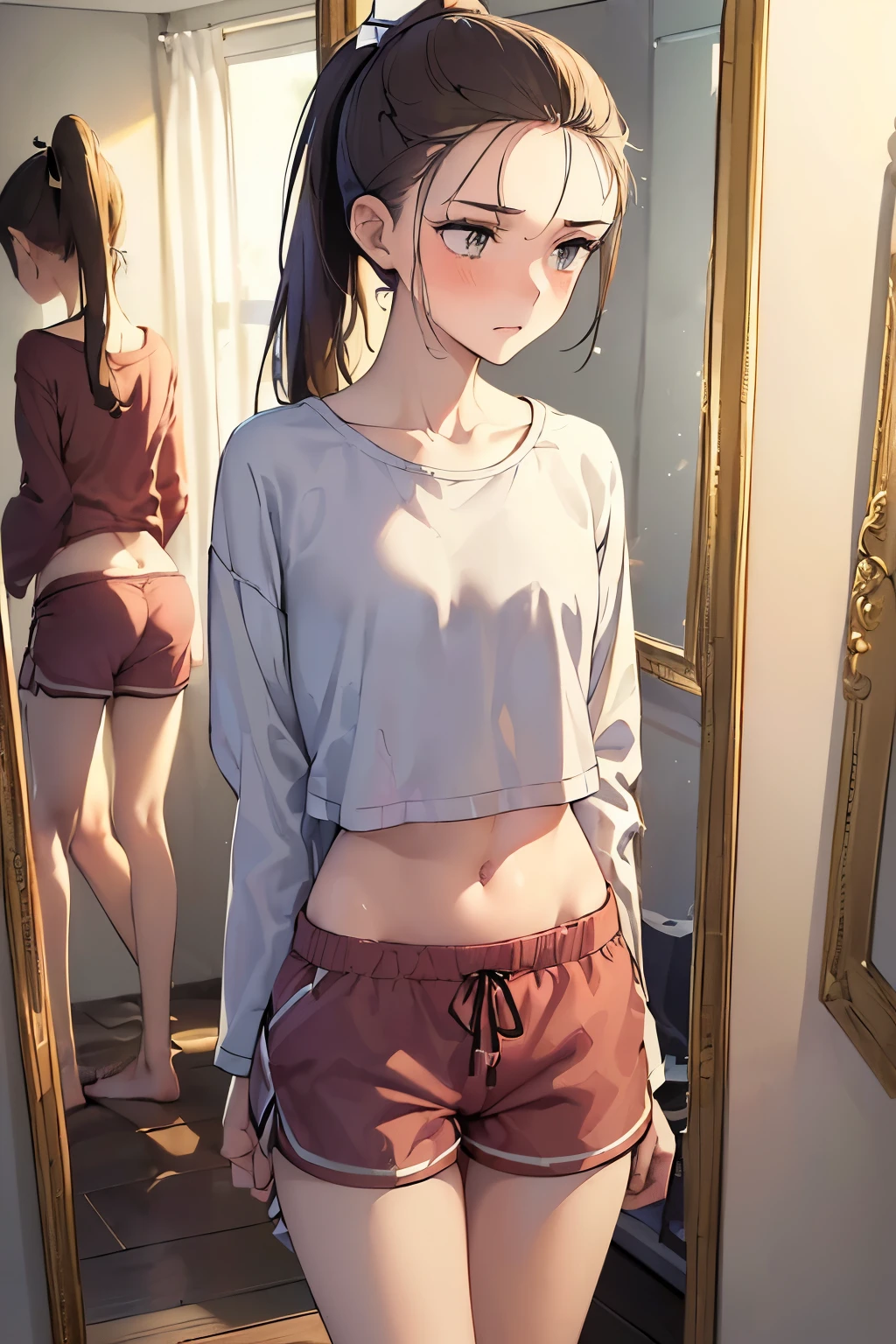 ((best quality)), ((masterpiece)), (detailed), (((perfect face))), (((slender 18yo age girl))), (((skinny thighs))), (((skinny hips))), (((wearing pyjama shorts))), ((brunette)), (((ponytail))), ((shy:1.3)), ((blushing:1.1)), ((standing)), (((wardrobe and mirror in background))), ((suburban teenbedroom)), ((sun through window)), ((girl looking away)), ((bare midriff))