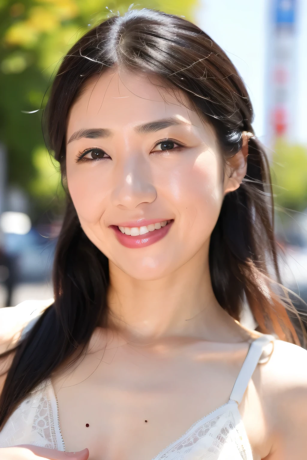 NSFW:1.3:((highest quality、8K resolution、master masterpiece、portrait:1.3)), Photoreal, 35mm film, mature woman:1.5,on the street during the day, wrinkles around the eyes,wrinkles around the mouth,((fancy white lingerie:1.3)) , (outdoors_city street: 1.3), jumbled background,look at the audience,(Tokyo cityscape:1.3), whole body,smile