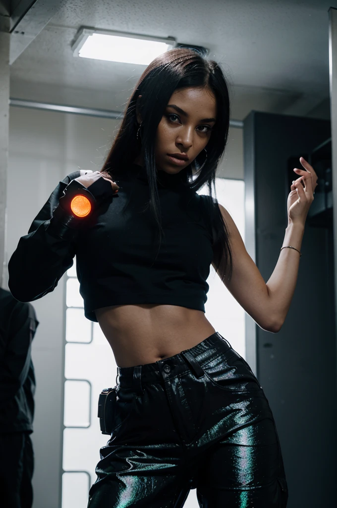 A futuristic android woman with sleek metallic skin and minimal clothing, posing seductively in a neon-lit room.
As the moonless night enveloped the stage, a stunning woman took the mic and began to rap. The moonlight reflected off her silhouette, adding an ethereal glow to her performance. Her baggy Dickies pants and white t-shirt were the perfect contrast to her fierce rhymes. And the black bandana tied around her waist completed her look as the ultimate homie chika gang rapper.