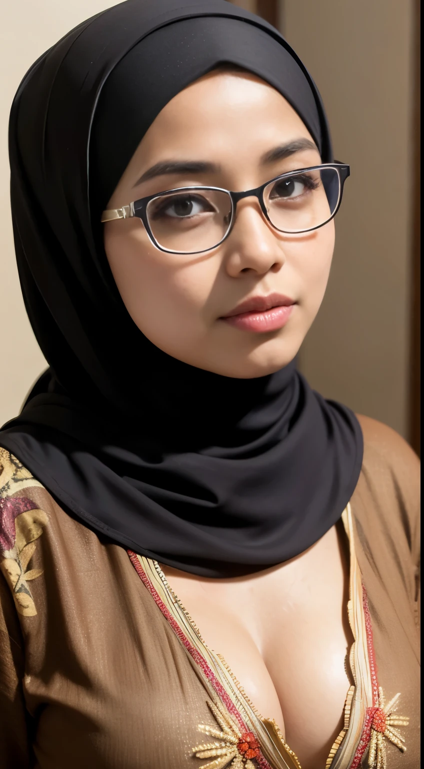 cleavage, (iu:0.6), RAW, Best quality, high resolution, Masterpiece: 1.3, Beautiful glasses javanese woman in colorful hijab, Masterpiece, Perfect slim body, Beautiful big eyes, Soft smile, Wearing open chest batik