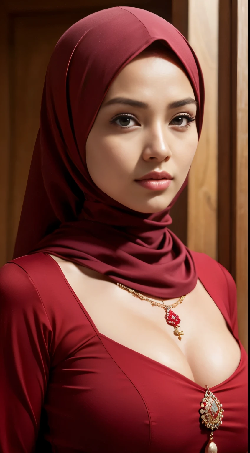 RAW, Best quality, high resolution, masterpiece: 1.3), beautiful Malay woman in hijab,Masterpiece, perfect slim fit body, Huge breast,big gorgeous eyes, Soft smile,a close up of a woman in a red dress and a red scarf, maroon red, wearing red attire, wearing beautiful clothes, beautiful design, hijab, in crimson red, very beautiful enga style, beautiful masterpiece, fine details. red, wearing gorgeous clothing, dominating red color, crimson themed , (Delicate turtleneck) , necklace, shairband, afternoon walk, City garden, Excellent lighting, Bright colors, Clean lines