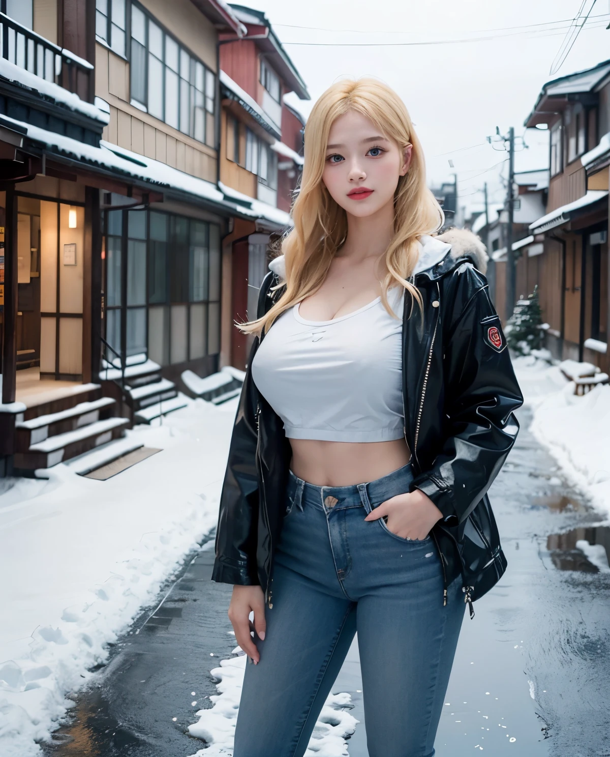 1girl, (Blue Eyes), (smiling), (Sana Minatozaki), wide hips, Big tits, big ass, (Best Quality, 8k, Masterpiece: 1.3), Clear Focus: 1.2, Perfect Body Beauty: 1.4, strong abs :1.2, Highly detailed face and skin texture, detailed eyes, double eyelids, black lined eyes, red lips, (blond long hair :1.2), pink waterproof jacket, jeans, standing, dynamic pose, in a snowy Japanese neighborhood, snowy street, snowing, very cold, blurred background
