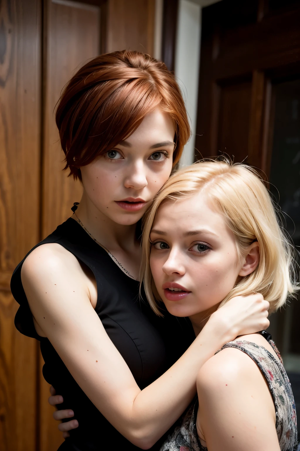 2 girls. 2 16 year old girls. One blonde. One with a red pixie cut. Both girls look frightened 