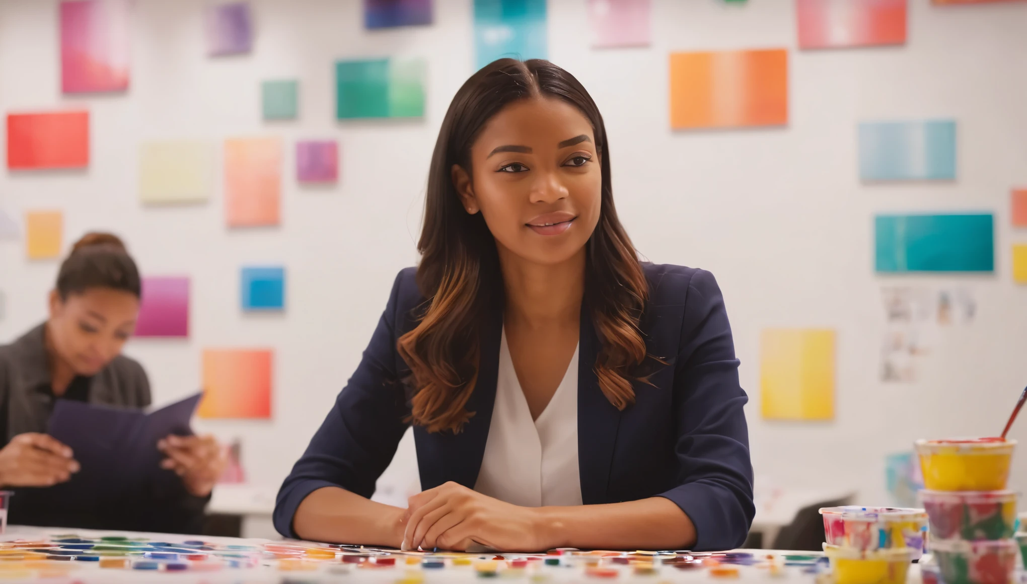 Paint a scene of a young woman in a mentoring role, her nurturing guidance and mentorship fostering growth and development among her colleagues, all against the backdrop of a supportive and collaborative work culture. Bokeh, Photography, DSLR, ultra wide angle, F/2.8, White Balance, 4D, Megapixel, Wedge, Infused, Natural Lighting, Soft Lighting, De-Noise, insanely detailed and intricate, hypermaximalist, hyper realistic, super detailed.
