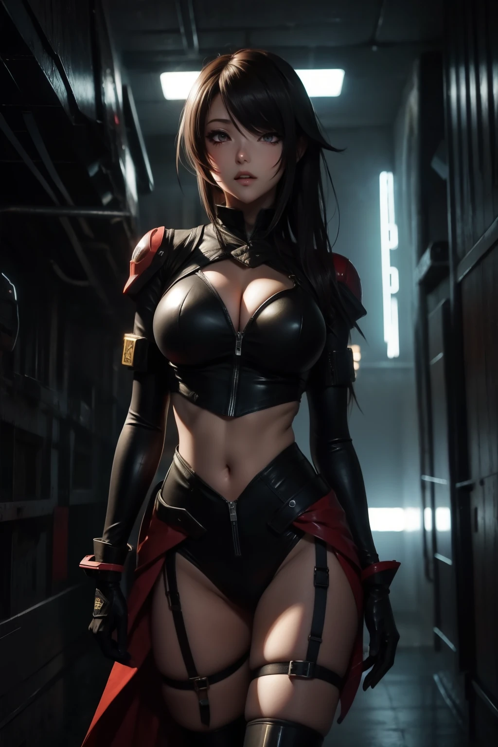 Waist up hyper detailed beauty Tifa Lockhart (in Tsutomu Nihei style) (masterpiece) in detailed black & golden plugsuit (Neon Genesis Evangelion aesthetic style), best quality, sharp focus, glowing