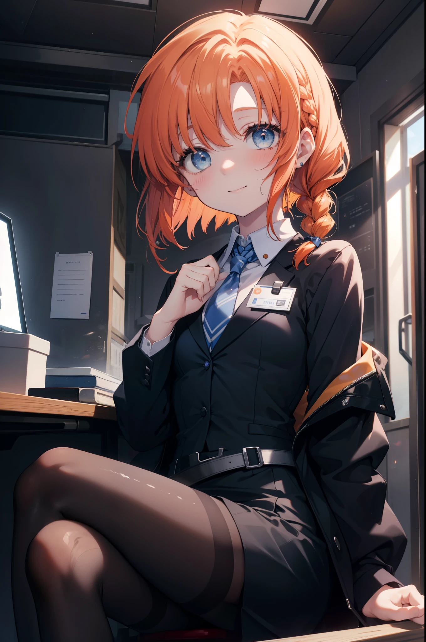 Rena Ryugu, rena ryuuguu, orange hair, long hair, short braid,hair blue eyes, smile, grin and laugh,black suit jacket, collared jacket, white dress shirt, collared shirt, neckline, button, strap, ID card on neck, black pencil skirt, black pantyhose, smile, blush, looking at the viewer, Charm, Mechanical,on your computer,sitting in a chair, interior,touch typing ,(small breasts:1.2)
break looking at viewer,
break indoors, office,
break (masterpiece:1.2), highest quality, High resolution, unity 8k wallpaper, (figure:0.8), (detailed and beautiful eyes:1.6), highly detailed face, perfect lighting, Very detailed CG, (perfect hands, perfect anatomy),
