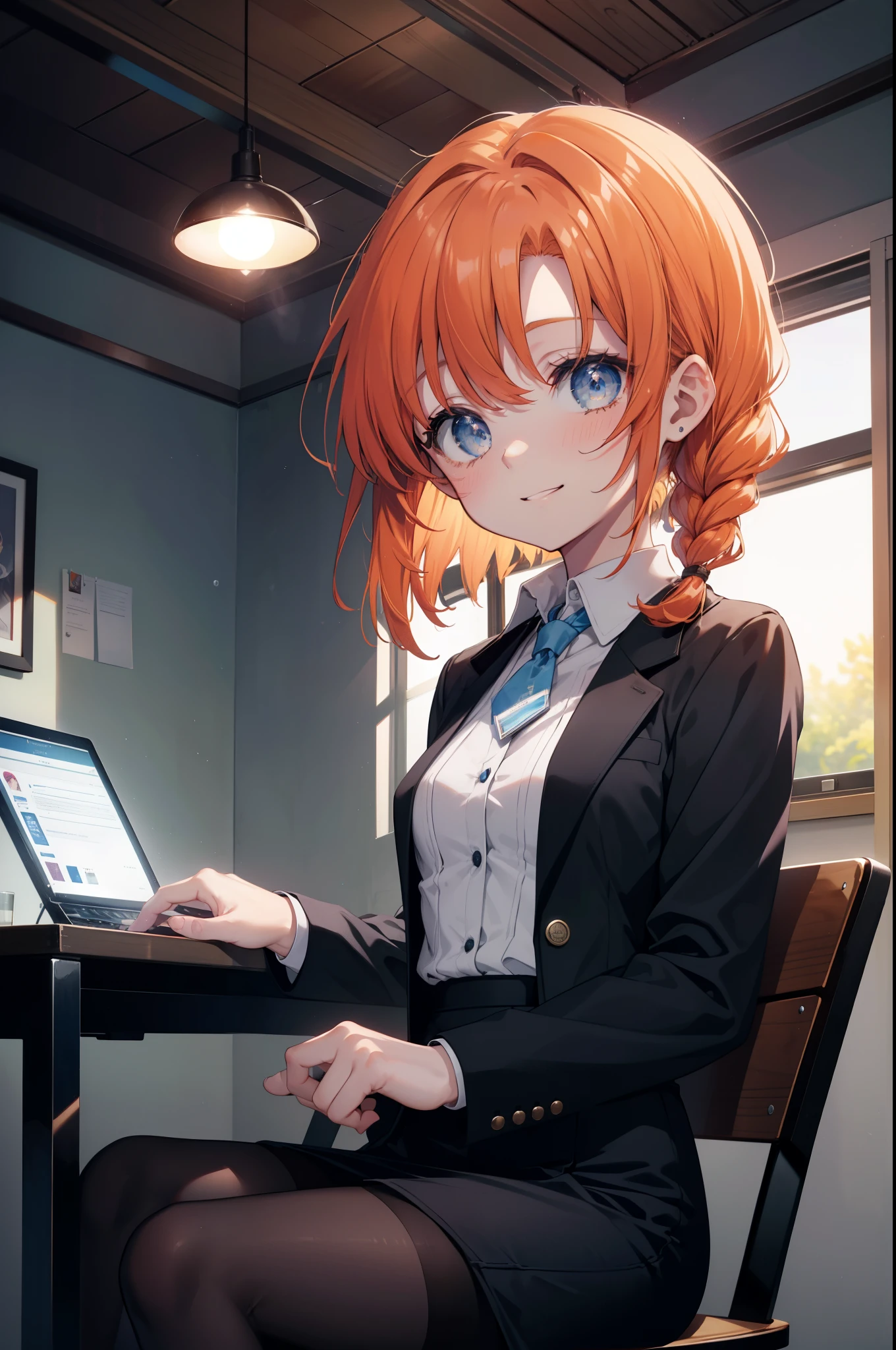 Rena Ryugu, rena ryuuguu, orange hair, long hair, short braid,hair blue eyes, smile, grin and laugh,black suit jacket, collared jacket, white dress shirt, collared shirt, neckline, button, strap, ID card on neck, black pencil skirt, black pantyhose, smile, blush, looking at the viewer, Charm, Mechanical,on your computer,sitting in a chair, interior,touch typing ,(small breasts:1.2)
break looking at viewer,
break indoors, office,
break (masterpiece:1.2), highest quality, High resolution, unity 8k wallpaper, (figure:0.8), (detailed and beautiful eyes:1.6), highly detailed face, perfect lighting, Very detailed CG, (perfect hands, perfect anatomy),