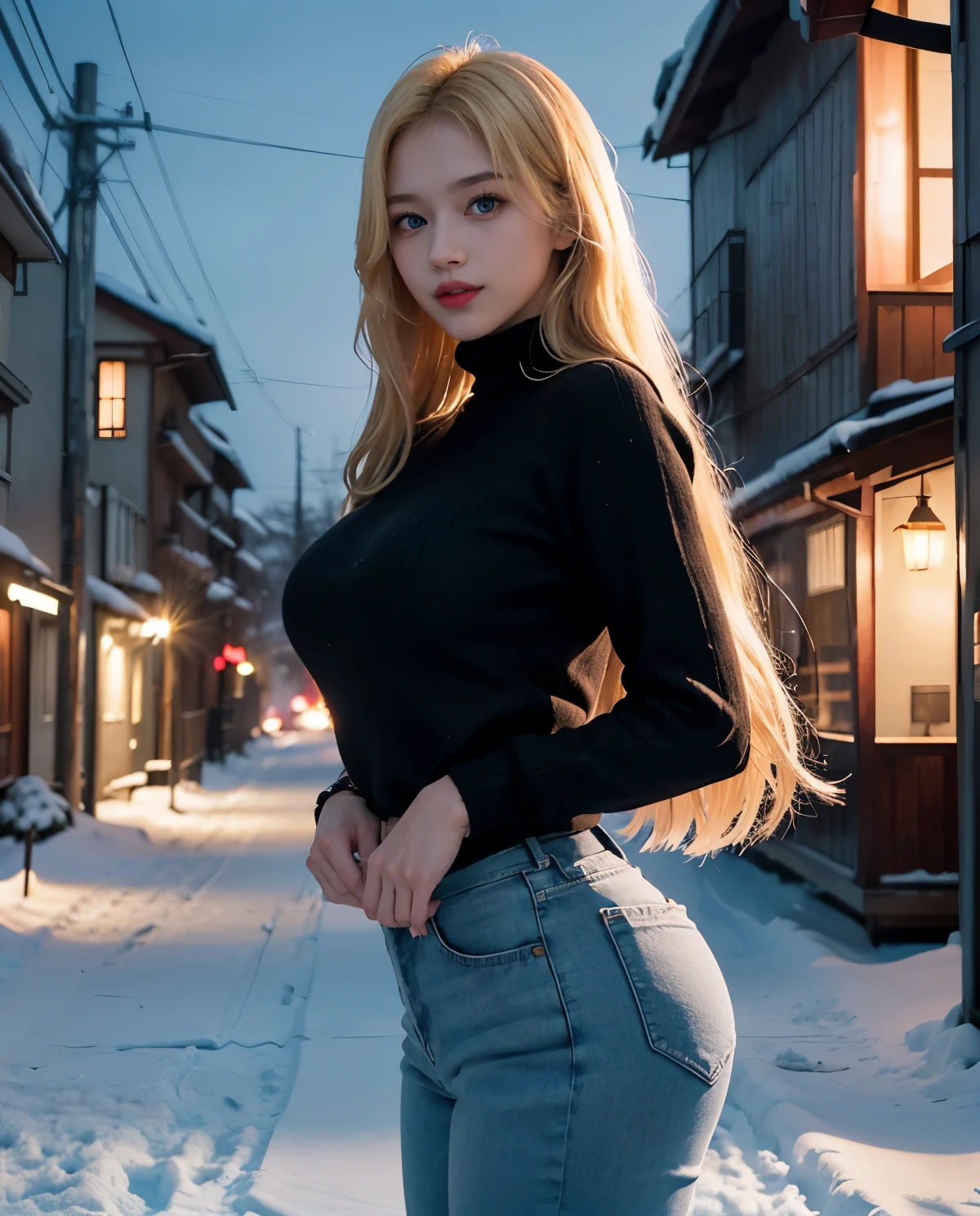 1girl, (Blue Eyes), (smiling), (Sana Minatozaki), wide hips, Big tits, big ass, (Best Quality, 8k, Masterpiece: 1.3), Clear Focus: 1.2, Perfect Body Beauty: 1.4, strong abs :1.2, Highly detailed face and skin texture, detailed eyes, double eyelids, black lined eyes, red lips, (blond long hair :1.2), tight black sweater :1.3, jeans, standing, dynamic pose, in a snowy Japanese neighborhood at night, snowy street at night, snowing at night, very cold, blurred background 
