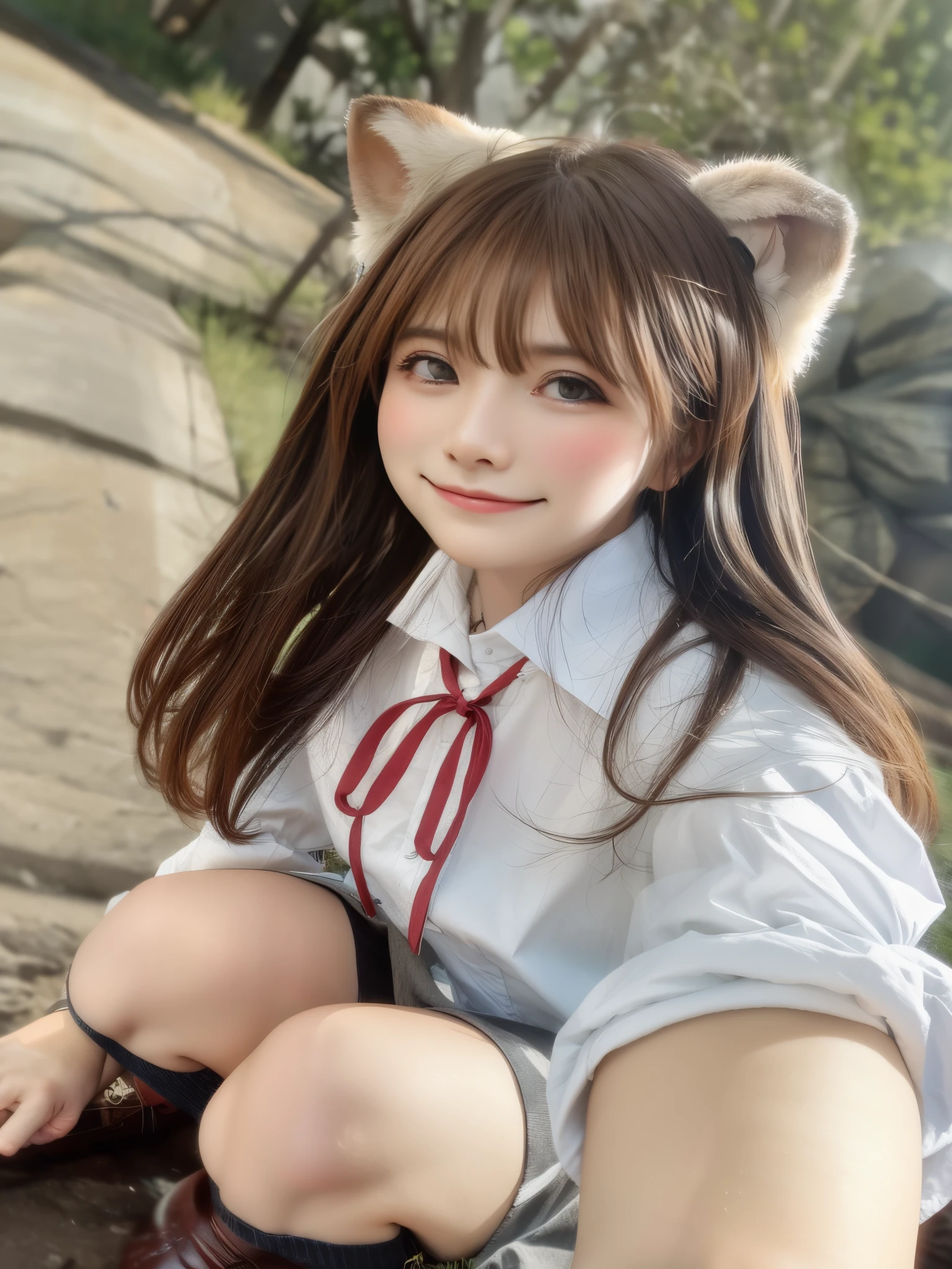 There is a woman wearing a white shirt and cat ears., sakimichan, anime girl cosplay, japanese girl uniform, japanese school uniform, real anime girl, seifuku, shikamimi, wearing japanese school uniform, sakimi chan, sakimichan hdri, very beautiful cute cat girl, Real young gravure idol