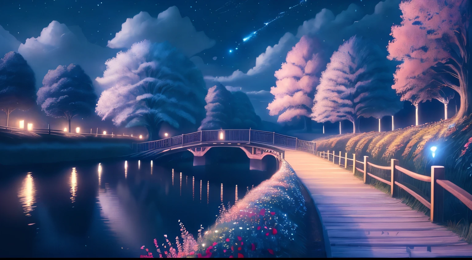 Stars in clouds, long path without people, next to a wooden bridge, beautiful flowers next to the bridge, river flowing under the bridge, shadow of a tree, beautiful anime scene, beautiful anime scenery, night sky, anime art, 8k wallpaper
