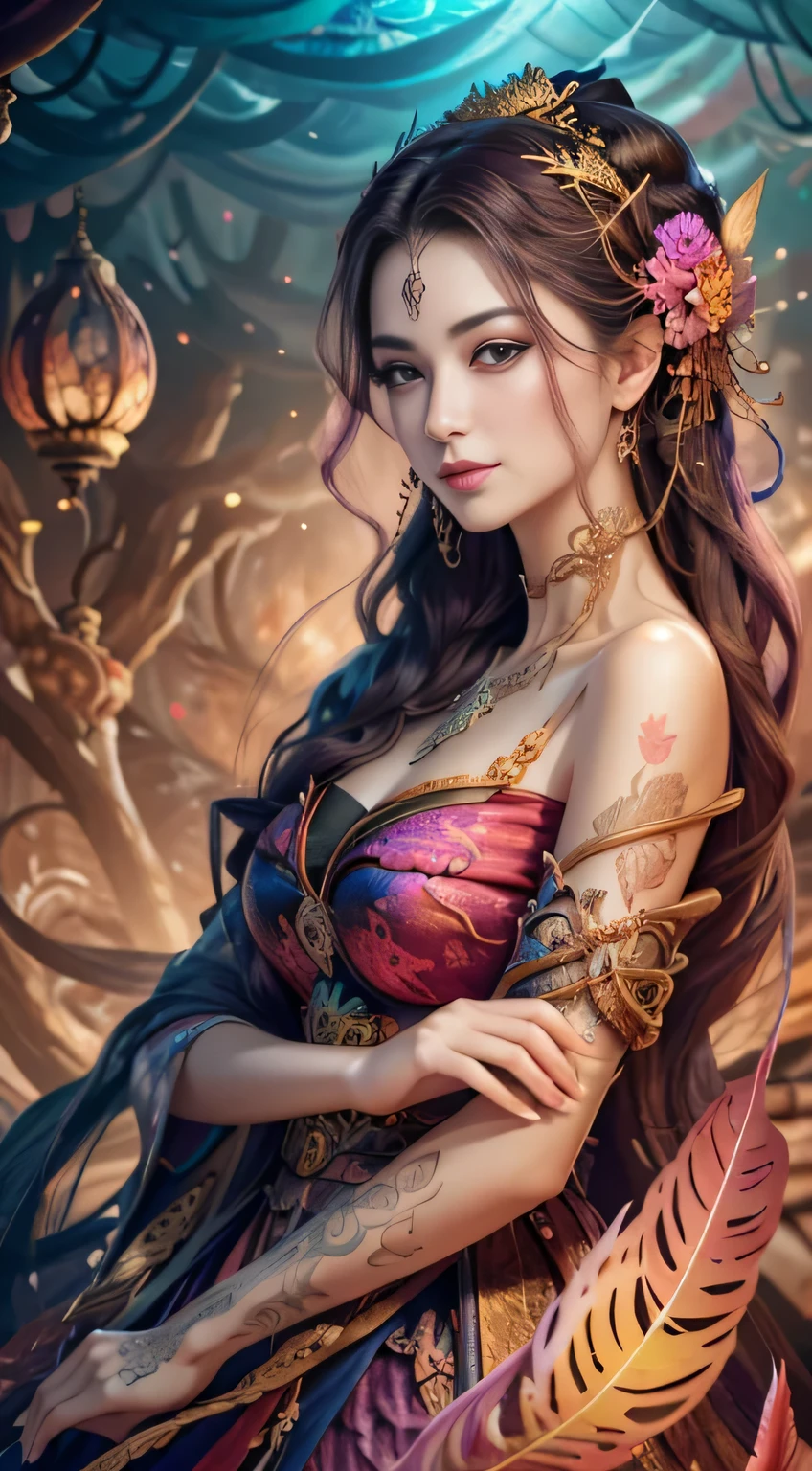 Best quality,masterpiece,ultra-detailed high res,(photorealistic:1.4),raw photo,,illustration,
1girl dancing,(solo:1.2),(cowboy shot:1.2),(hair crown:1.2),Traditional chinese dunhuang style lace clothes,Strapless,(red eyeliner:1.2),(huge breasts:1.4), (v-neck:1.5), (big necklace:1.4), lace armour, (beautiful eyes :1.4), (looking at viewer:1.5), earrings,dynamic angle,Opera House,messy_long_hair,ink,cinematic lighting,lens_flare, Velvet, chrysanthemum,Tassel,Ribbon,color embroidery, white gold pink blue violet green