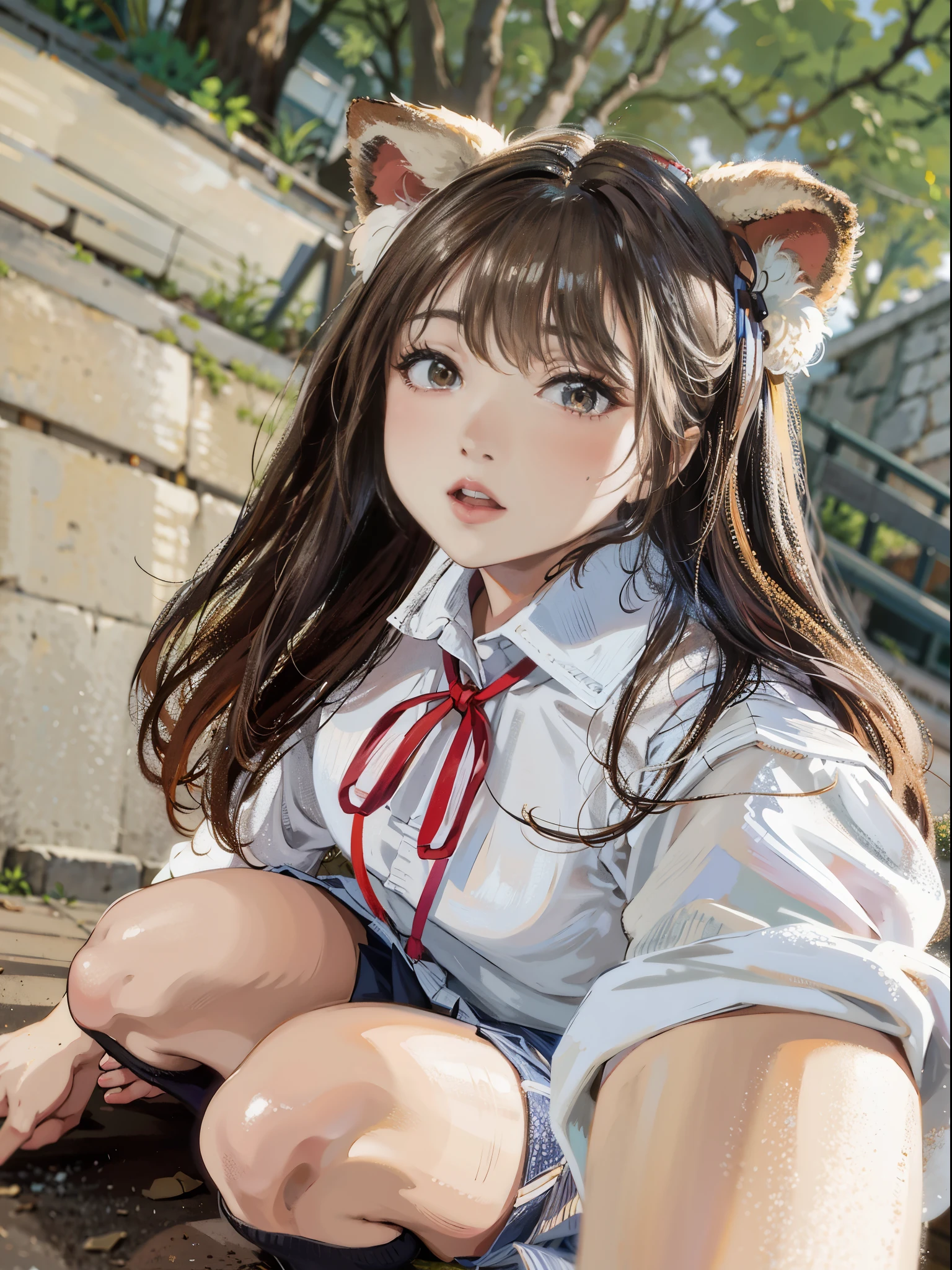 There is a woman wearing a white shirt and cat ears., sakimichan, anime girl cosplay, japanese girl uniform, japanese school uniform, real anime girl, seifuku, shikamimi, wearing japanese school uniform, sakimi chan, sakimichan hdri, very beautiful cute cat girl, Real young gravure idol