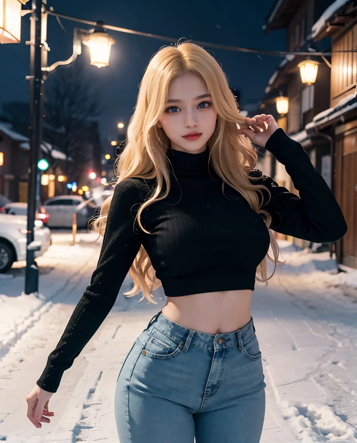 1girl, (Blue Eyes), (smiling), (Sana Minatozaki), wide hips, Big tits, big ass, (Best Quality, 8k, Masterpiece: 1.3), Clear Focus: 1.2, Perfect Body Beauty: 1.4, strong abs :1.2, Highly detailed face and skin texture, detailed eyes, double eyelids, black lined eyes, red lips, (blond long hair :1.2), tight black sweater :1.3, jeans, standing, dynamic pose, in a snowy Japanese neighborhood at night, snowy street at night, snowing at night, very cold, blurred background 