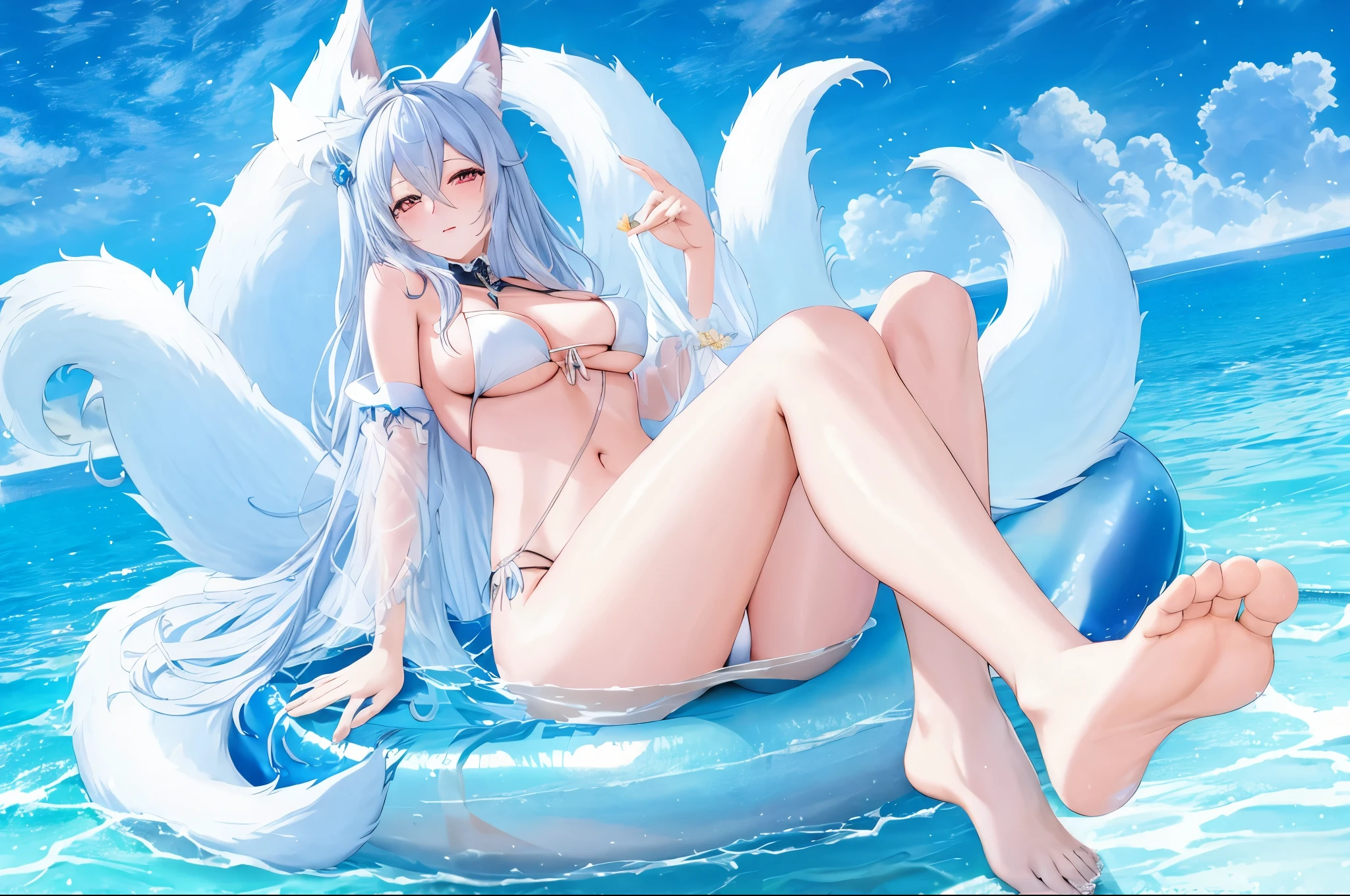 Anime girl in bikini sitting on floating object in ocean, Small curves , Pixiv has the highest rating, high resolution committee, on pixiv, body committee, pixiv 3dcg, azure lane style, Popular topics on artstation pixiv, White fur fox, white cat girl, [ 4k digital art ]!!