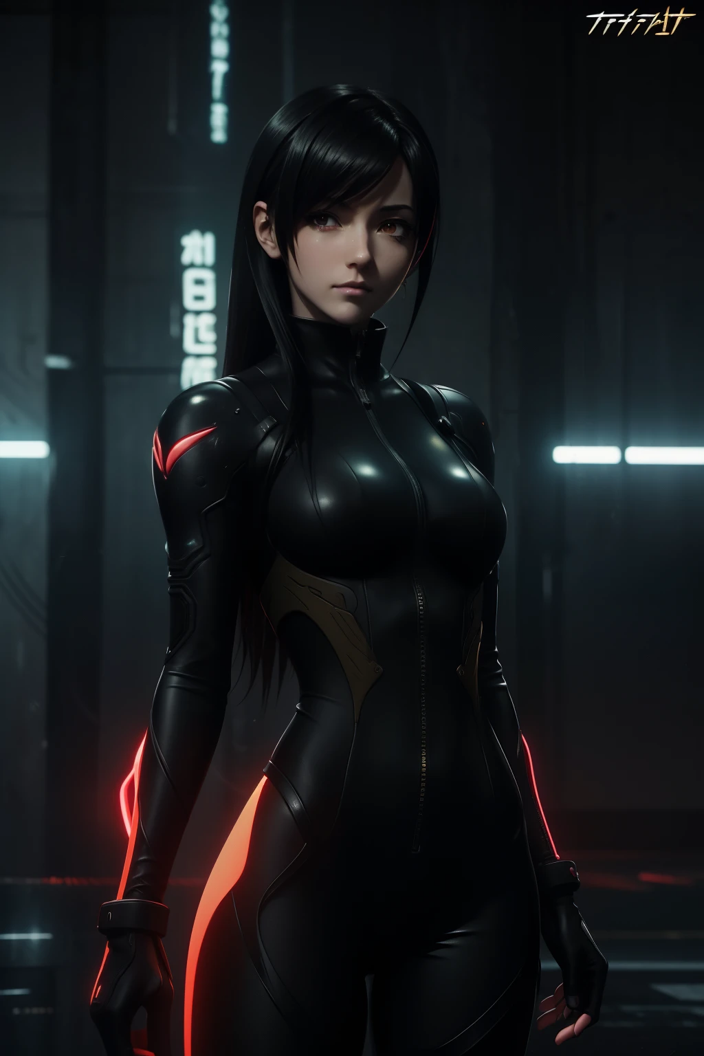 Waist up hyper detailed beauty Tifa Lockhart (in Tsutomu Nihei style) (masterpiece) in detailed black & golden plugsuit (Neon Genesis Evangelion aesthetic style), best quality, sharp focus, glowing