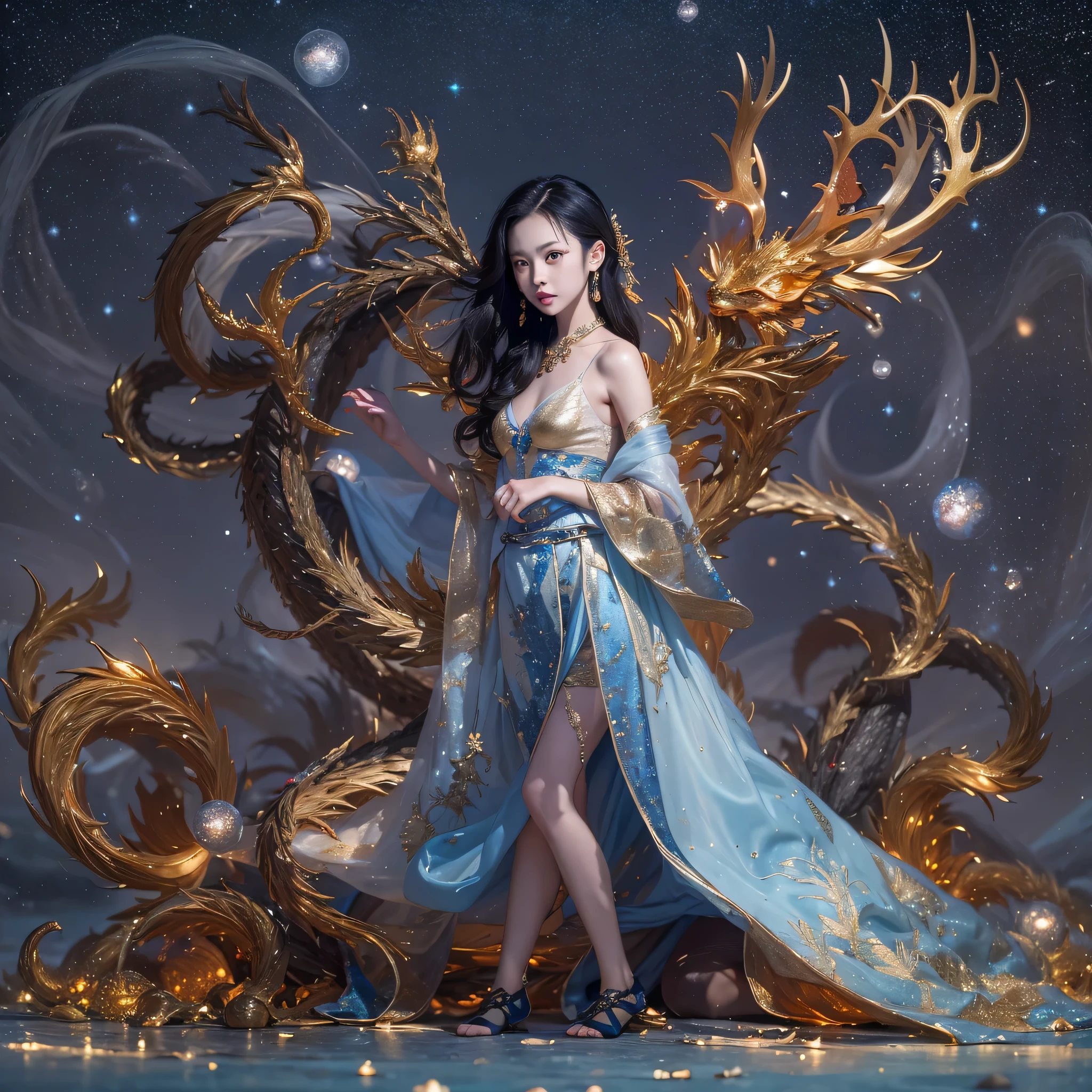 Antlers Flying Nine Tails Light Blue Heavenly Master Flame Hair Star，Moon Night black, gold and orange snake print silk trousers，Rouge Diamond Tulle Sheer Lizard Print，Girl flying in space in the snow 1:900 miniatures，Front view，pure transparency，put on boxing gloves，Wear gold-framed Reverse Light sunglasses，Panoramic super wide angle，very happy，Authentic and delicate texture，Strong visual impact，super detailed，dream girl，delicate face型，beautiful eyes，Hair floating in the air， cherry style，Zhou Xiaotong，crystal clear，Good sense of perspective，Light shadow effect，16KLight slip，surface reflected Light，flowing black hair，Water Goddess 32K，complicated，grace，Very detailed，Gorgeous，digital photography，Autumn Cowboy Shooting，Surrealism，broken ruby，defeat magic，Water magic entanglement，（masterpiece，Light，beautiful eyes：1.2），high dynamic range，void 5 energy storm，(china 1 girl，black eyes:1.5），rouge skin，Light skin，(sit on stone：1.5），delicate face，black hair，Put on Gorgeous golden armor，starry sky background，beautiful golden armor，it&#39;it&#39;it&#39;It&#39;s raining，beautiful，University Teachers&#39;Don&#39;t look at the audience，focus shift，masterpiece