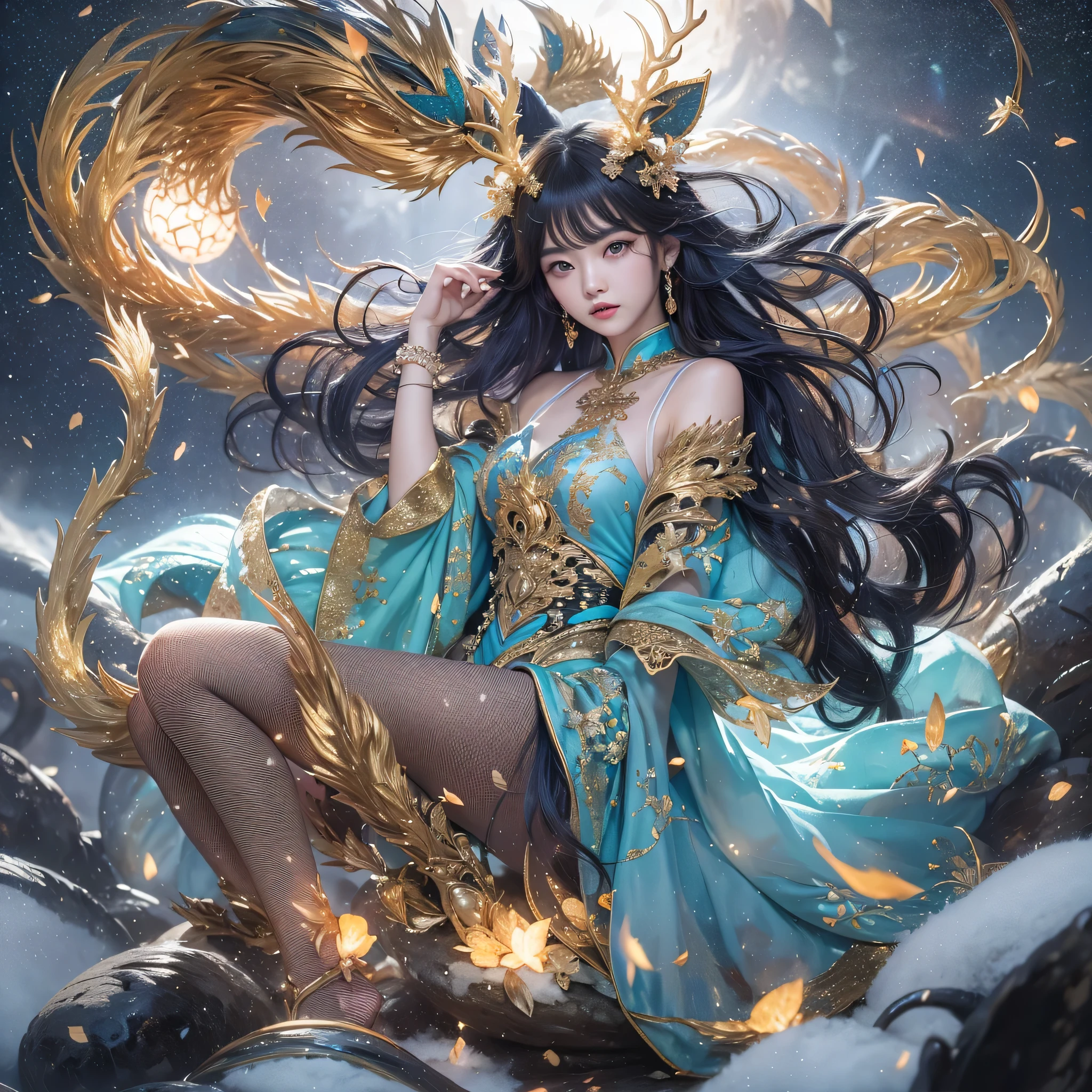 Antlers Flying Nine Tails Light Blue Heavenly Master Flame Hair Star，Moon Night black, gold and orange snake print silk trousers，Rouge Diamond Tulle Sheer Lizard Print，Girl flying in space in the snow 1:900 miniatures，Front view，pure transparency，put on boxing gloves，Wear gold-framed Reverse Light sunglasses，Panoramic super wide angle，very happy，Authentic and delicate texture，Strong visual impact，super detailed，dream girl，delicate face型，beautiful eyes，Hair floating in the air， cherry style，Zhou Xiaotong，crystal clear，Good sense of perspective，Light shadow effect，16KLight slip，surface reflected Light，flowing black hair，Water Goddess 32K，complicated，grace，Very detailed，Gorgeous，digital photography，Autumn Cowboy Shooting，Surrealism，broken ruby，defeat magic，Water magic entanglement，（masterpiece，Light，beautiful eyes：1.2），high dynamic range，void 5 energy storm，(china 1 girl，black eyes:1.5），rouge skin，Light skin，(sit on stone：1.5），delicate face，black hair，Put on Gorgeous golden armor，starry sky background，beautiful golden armor，it&#39;it&#39;it&#39;It&#39;s raining，beautiful，University Teachers&#39;Don&#39;t look at the audience，focus shift，masterpiece