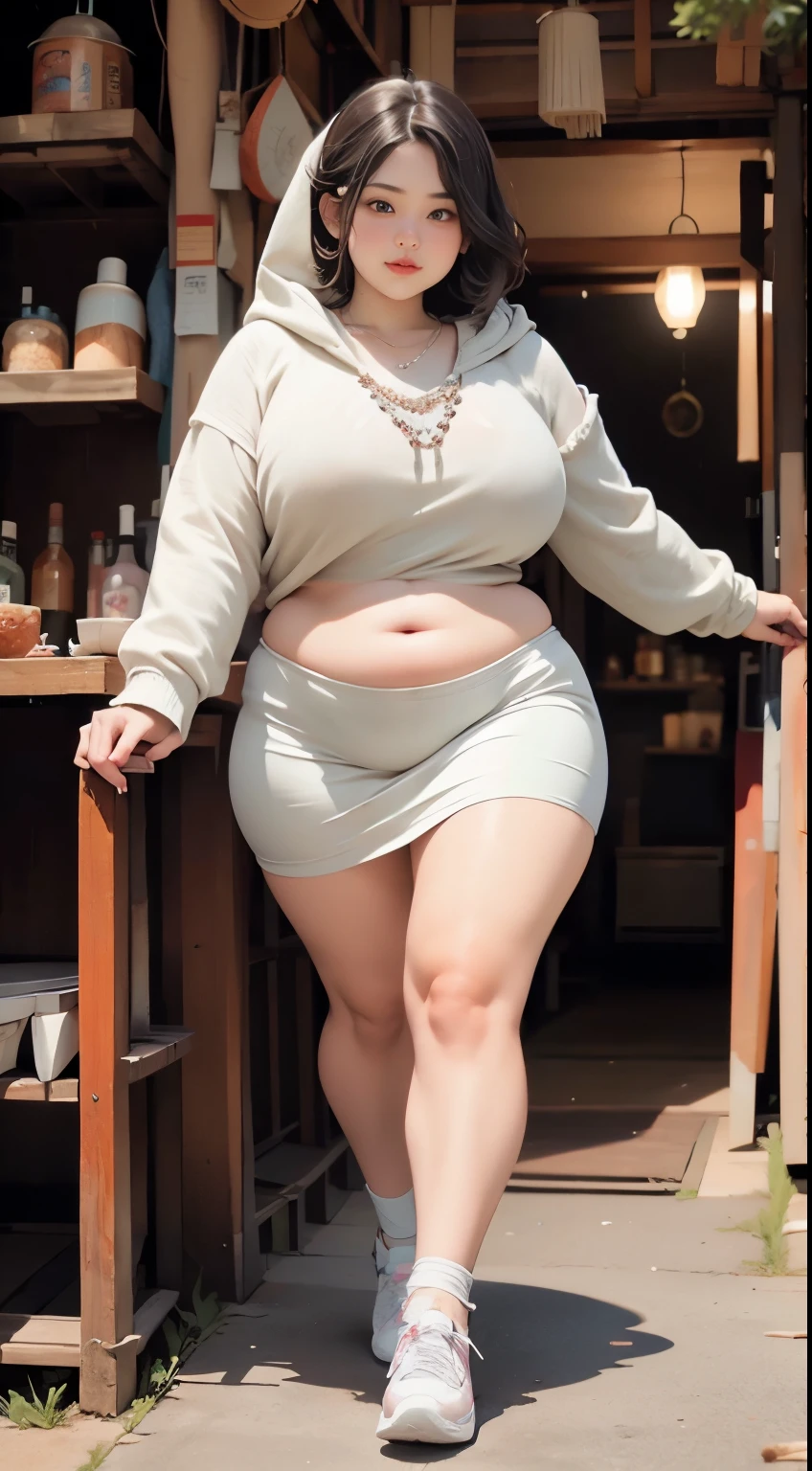 1 girl, slightly obese body, big size, round face, double chin, overweight, Shoulder length Fluffy short curly hair , high-long white hoodie lace gauze  skirt ，navel，holding her weight on her stomach and looking at the camera，dark room, walking , wearing a five bracelet and on her fingers, wearing a huge diamond necklace , Wear modest clothes, full body photoshoot , wearing a sneakers 