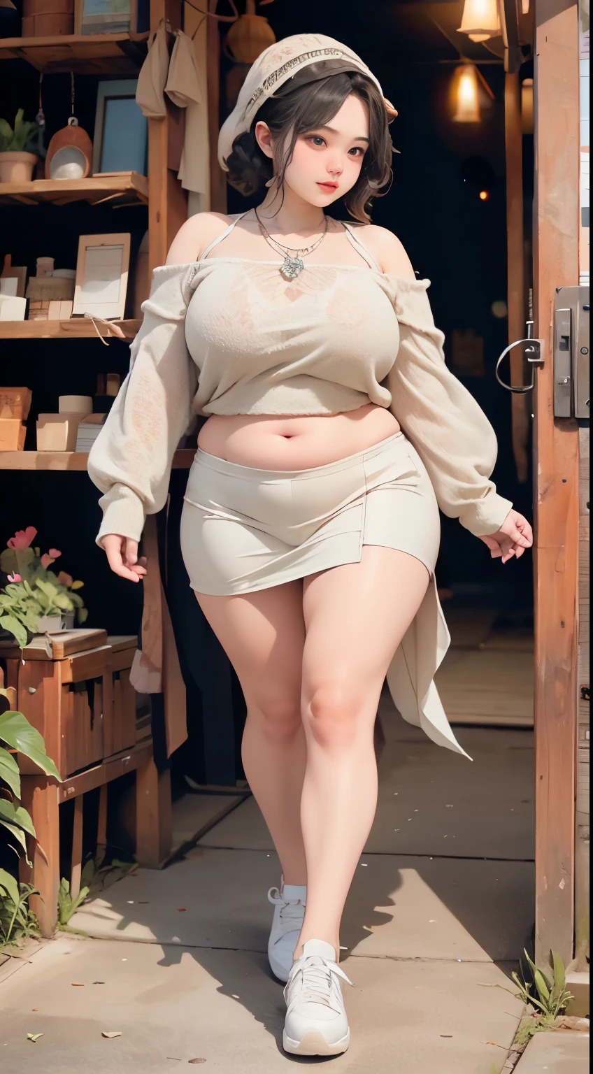 1 girl, slightly obese body, big size, round face, double chin, overweight, Shoulder length Fluffy short curly hair , high-long white hoodie lace gauze  skirt ，navel，holding her weight on her stomach and looking at the camera，dark room, walking , wearing a five bracelet and on her fingers, wearing a huge diamond necklace , Wear modest clothes, full body photoshoot , wearing a sneakers 