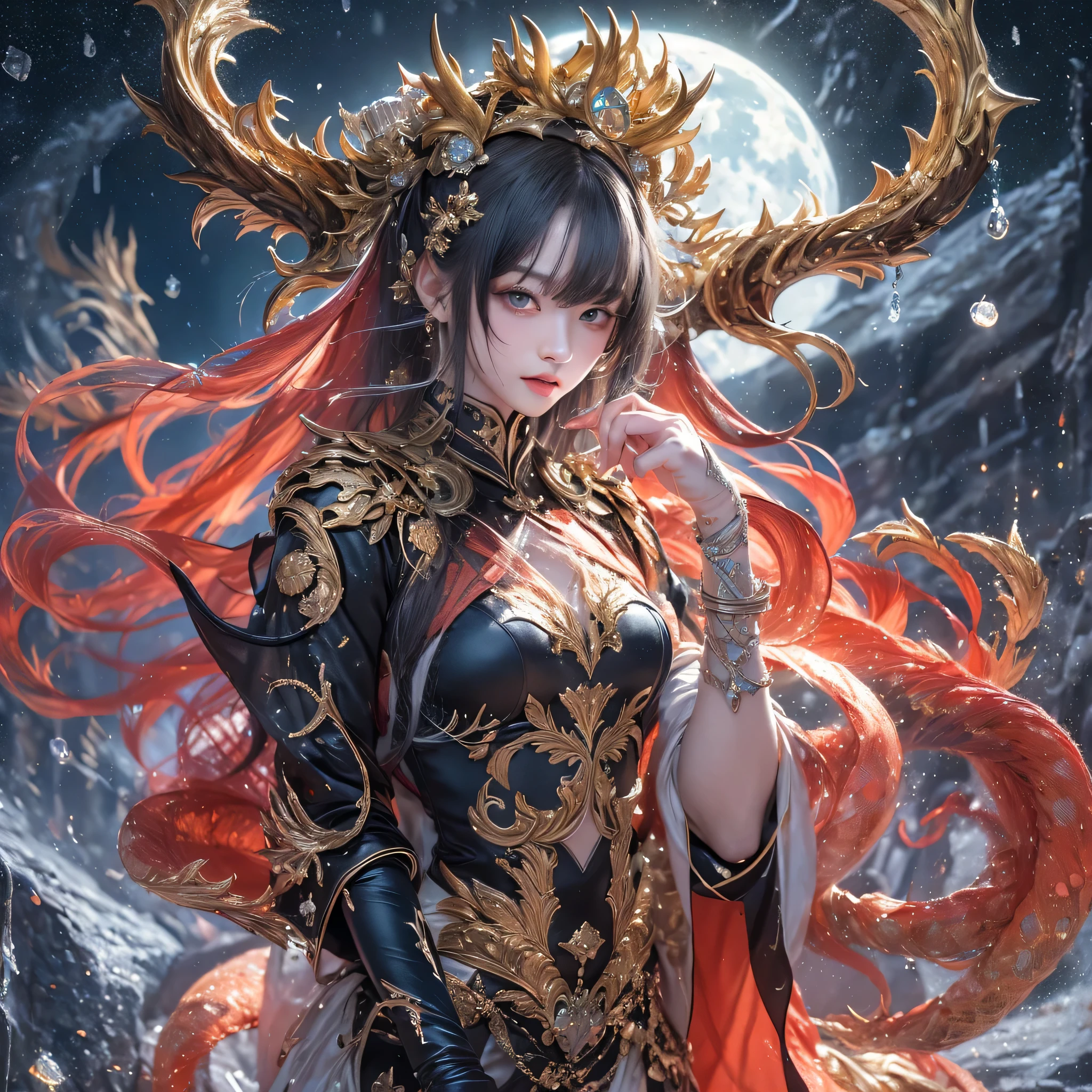Antlers Flying Nine Tails Light Blue Heavenly Master Flame Hair Star,Moon Night black, gold and orange snake print silk trousers,Rouge Diamond Tulle Sheer Lizard Print,Girl flying in space in the snow 1:900 miniatures,Front view,pure transparency,put on boxing gloves,Wear gold-framed Reverse Light sunglasses,Panoramic super wide angle,very happy,Authentic and delicate texture,Strong visual impact,super detailed,dream girl,delicate face型,beautiful eyes,Hair floating in the air, cherry style,Zhou Xiaotong,crystal clear,Good sense of perspective,Light shadow effect,16KLight slip,surface reflected Light,flowing black hair,Water Goddess 32K,complicated,grace,Very detailed,Gorgeous,digital photography,Autumn Cowboy Shooting,Surrealism,broken ruby,defeat magic,Water magic entanglement,(masterpiece,Light,beautiful eyes:1.2),high dynamic range,void 5 energy storm,(china 1 girl,black eyes:1.5),rouge skin,Light skin,(sit on stone:1.5),delicate face,black hair,Put on Gorgeous golden armor,starry sky background,beautiful golden armor,it'it'it'It's raining,beautiful,University Teachers'Don't look at the audience,focus shift,masterpiece