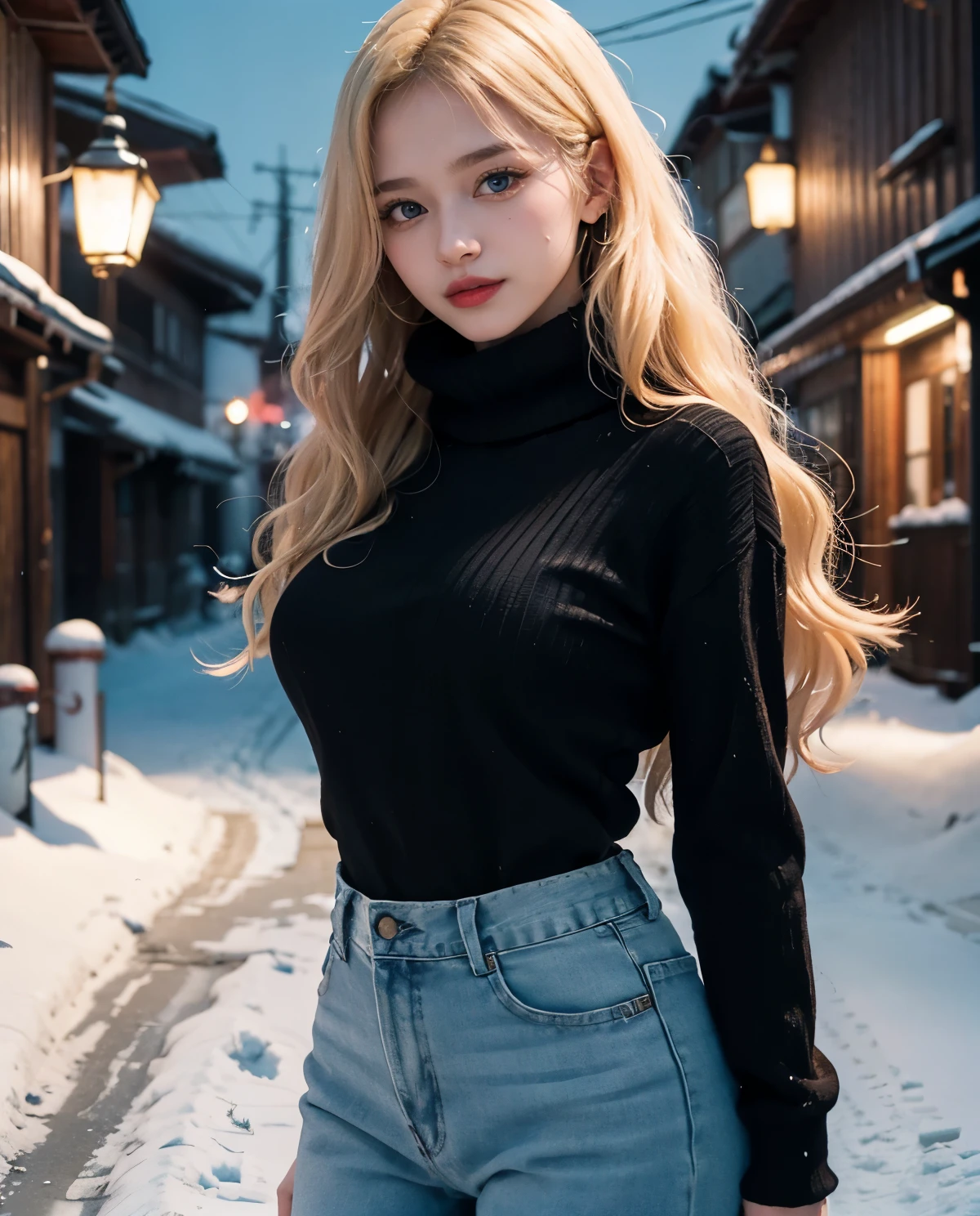 1girl, (Blue Eyes), (smiling), (Sana Minatozaki), wide hips, Big tits, big ass, (Best Quality, 8k, Masterpiece: 1.3), Clear Focus: 1.2, Perfect Body Beauty: 1.4, Highly detailed face and skin texture, detailed eyes, double eyelids, black lined eyes, red lips, (blond long hair :1.2), tight black sweater :1.3, black scarf, jeans, standing, dynamic pose, in a snowy Japanese neighborhood at night, snowy street at night, snowing at night, very cold, blurred background