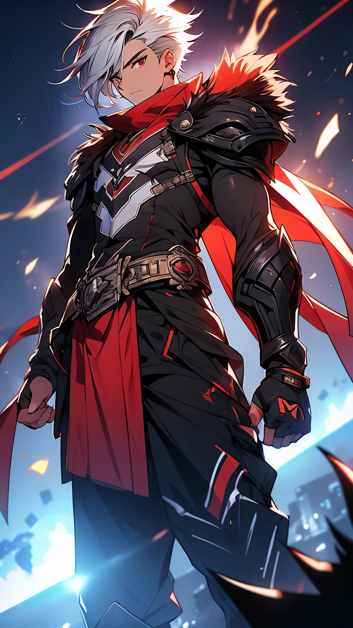 15-year-old boy, tez morena, cabello blanco, red eyes - cool style combat clothing - anime - epic - 8k