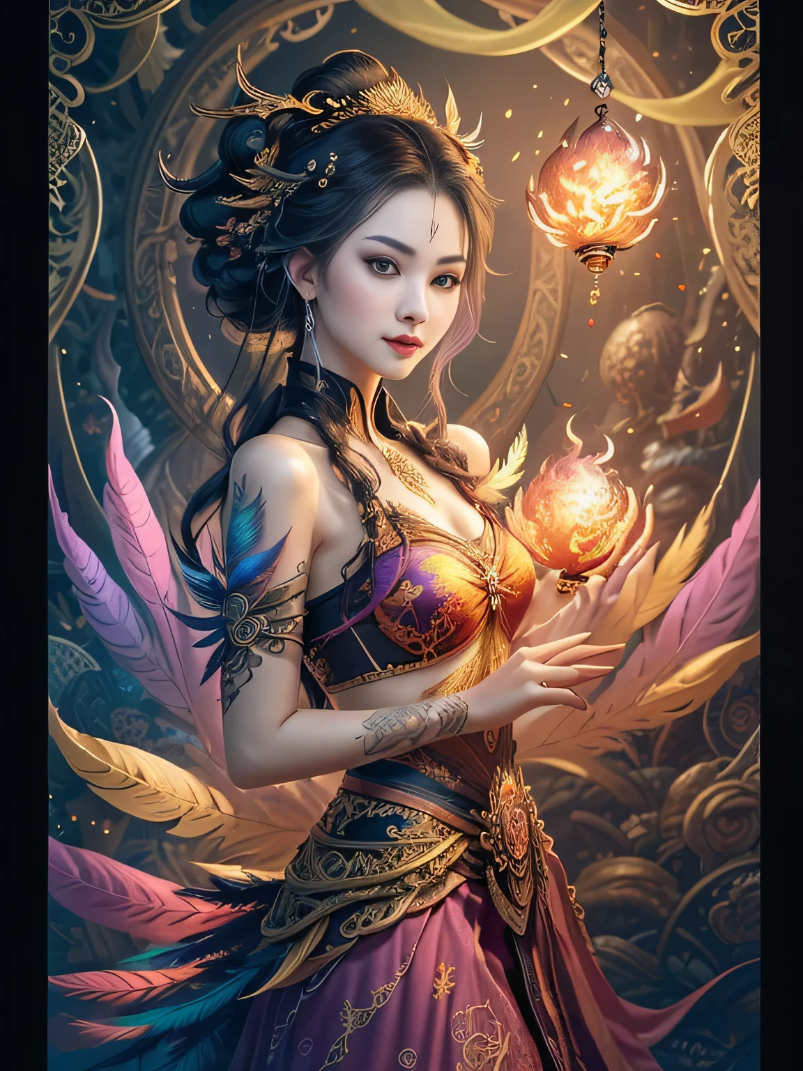 Er Jie, a girl with a smooth and dynamic posture, wearing a loose and flowing pink dress, with a mysterious expression and curly black pink hair, [Zhang Ziyi|Aishwarya Rai], bold and colorful abstract art in a modern and abstract environment, blurred background, bright lights, official art, Unity 8k wallpaper, (zentangle, mandala, tangled, tangled), intricate clothes, mid-style (whole body, from all directions, masterpiece, top quality, best quality, official art, Beauty and aesthetics: 1.2), very detailed, (fractal art: 1.1), (color: 1.1) (flowers: 1.3), highest detail, (zentangle: 1.2), (dynamic pose), (abstract background: 1.3), (shiny skin), (multiple colors: 1.4), (feathers: 1.5), dynamic angle, most beautiful chaotic forms, elegant, fauvist design, bright colors, romanticism, dark style beautiful princess of the underworld spooky bad smile complex tattoos Anime 3D Art Style 3D Dark Night Deep Black Sky Horror ((Cold Complex Skull Accessories )) (Guvez style artwork) ((Black Chinese-style underground palace with huge complex structure in background)) Leica lens Depth of field (Masterpiece, top quality, best quality, official art, Beauty and Aesthetics: 1.2), (1girl: 1.3), (Fractal Art: 1.3) (Masterpiece, Top Quality, Best Quality, Official Art, Beauty and Aesthetics: 1.2), (1girl), Extreme Detail, Colorful, Highest Detail, Official Art, Unified 8k Wallpaper, Ultra Detailed, Beautiful and Aesthetic, Beautiful, Masterpiece, Best Quality, (Zentangle, Mandala, Tangled, Entangle), Holy Light, Gold Leaf, Gold Foil Art, Glitter Drawing, PerfectNwsjMajic M Desfi masterpiece, the best quality, hair becomes fire, hair is on fire, fantasy, (Ray: 1.05), Orange Light Particles, Landscape, Fire, Beautiful and Detailed Explosion, Beautiful Detailed Glow, Flame Burning Around, Flame Burning Around, Fire Feather, Burning, (Burning Forest: 1.34), (Bare Trees: 1.05), Ash, (Red Sun: 1.05), (Flame Around Character: 1.1), Solo, Crazy Smile, (Detail: 1.05), High Resolution Illustrati
