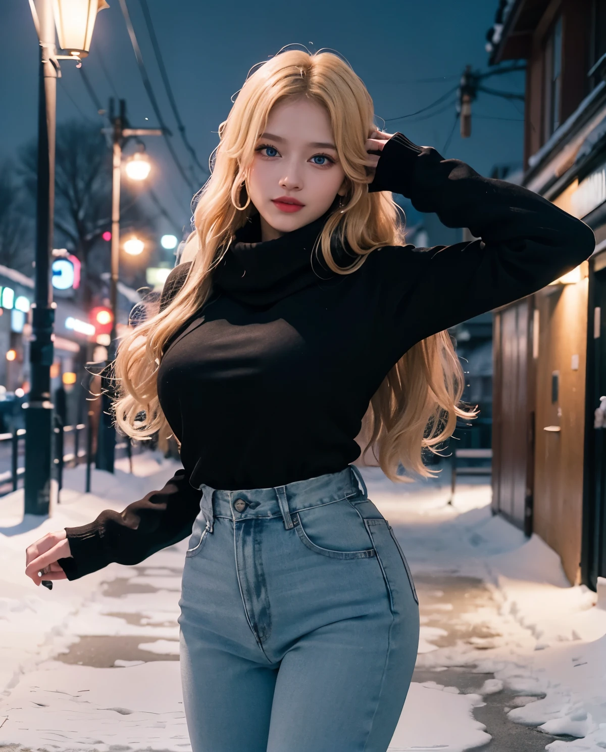 1girl, (Blue Eyes), (smiling), (Sana Minatozaki), wide hips, Big tits, big ass, (Best Quality, 8k, Masterpiece: 1.3), Clear Focus: 1.2, Perfect Body Beauty: 1.4, Highly detailed face and skin texture, detailed eyes, double eyelids, black lined eyes, red lips, (blond long hair :1.2), tight black sweater :1.3, black scarf, jeans, standing, dynamic pose, in a snowy Japanese neighborhood at night, snowy street at night, snowing at night, very cold, blurred background