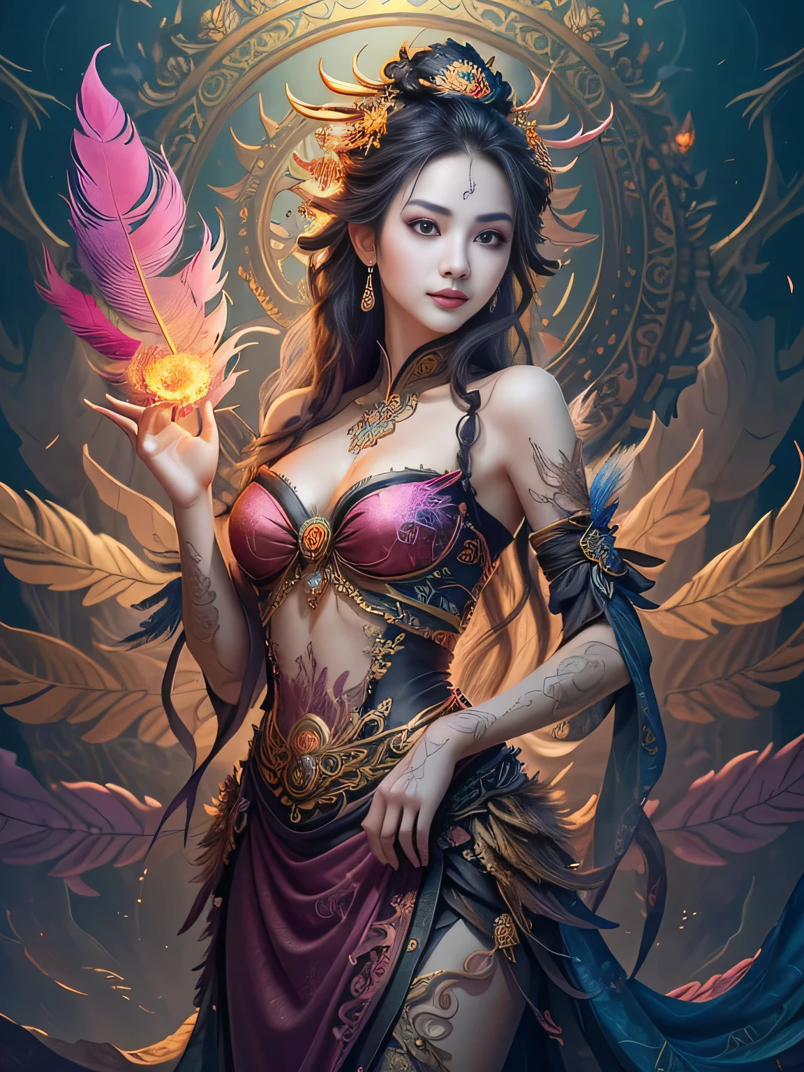 Er Jie, a girl with a smooth and dynamic posture, wearing a loose and flowing pink dress, with a mysterious expression and curly black pink hair, [Zhang Ziyi|Aishwarya Rai], bold and colorful abstract art in a modern and abstract environment, blurred background, bright lights, official art, Unity 8k wallpaper, (zentangle, mandala, tangled, tangled), intricate clothes, mid-style (whole body, from all directions, masterpiece, top quality, best quality, official art, Beauty and aesthetics: 1.2), very detailed, (fractal art: 1.1), (color: 1.1) (flowers: 1.3), highest detail, (zentangle: 1.2), (dynamic pose), (abstract background: 1.3), (shiny skin), (multiple colors: 1.4), (feathers: 1.5), dynamic angle, most beautiful chaotic forms, elegant, fauvist design, bright colors, romanticism, dark style beautiful princess of the underworld spooky bad smile complex tattoos Anime 3D Art Style 3D Dark Night Deep Black Sky Horror ((Cold Complex Skull Accessories )) (Guvez style artwork) ((Black Chinese-style underground palace with huge complex structure in background)) Leica lens Depth of field (Masterpiece, top quality, best quality, official art, Beauty and Aesthetics: 1.2), (1girl: 1.3), (Fractal Art: 1.3) (Masterpiece, Top Quality, Best Quality, Official Art, Beauty and Aesthetics: 1.2), (1girl), Extreme Detail, Colorful, Highest Detail, Official Art, Unified 8k Wallpaper, Ultra Detailed, Beautiful and Aesthetic, Beautiful, Masterpiece, Best Quality, (Zentangle, Mandala, Tangled, Entangle), Holy Light, Gold Leaf, Gold Foil Art, Glitter Drawing, PerfectNwsjMajic M Desfi masterpiece, the best quality, hair becomes fire, hair is on fire, fantasy, (Ray: 1.05), Orange Light Particles, Landscape, Fire, Beautiful and Detailed Explosion, Beautiful Detailed Glow, Flame Burning Around, Flame Burning Around, Fire Feather, Burning, (Burning Forest: 1.34), (Bare Trees: 1.05), Ash, (Red Sun: 1.05), (Flame Around Character: 1.1), Solo, Crazy Smile, (Detail: 1.05), High Resolution Illustrati