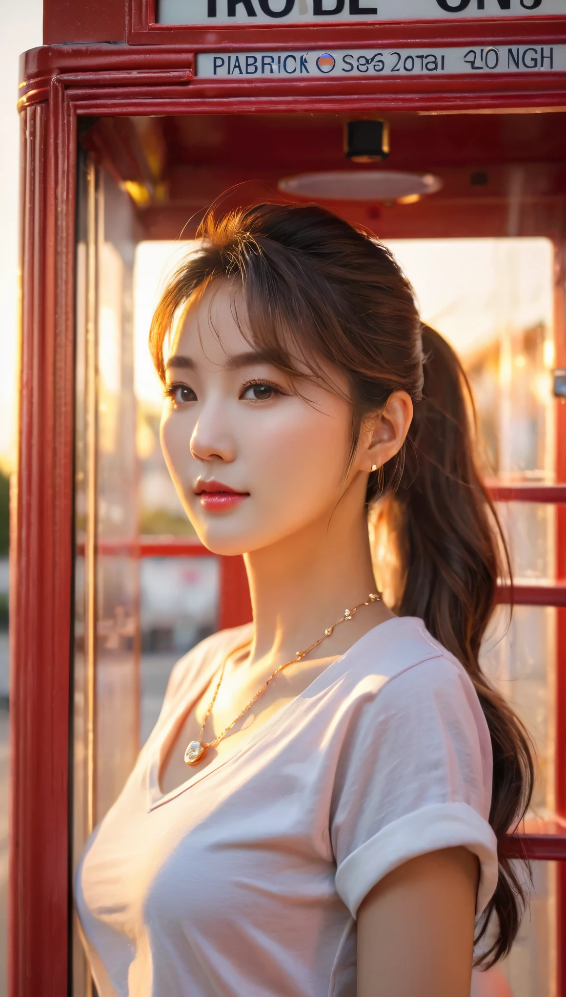 UHD, close-up of cute Korean female,Chest size 32 inches, ponytail, Wearing rolled sleeves t-shirt, necklace, standing beside the phone booth, sunset light