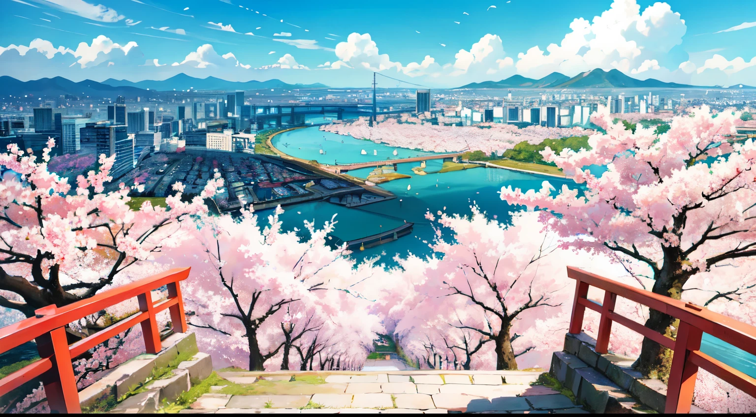 A masterpiece of high quality, landscape, cherry blossoms, bright blue sky. Japanese cityscape, リアルなlandscape