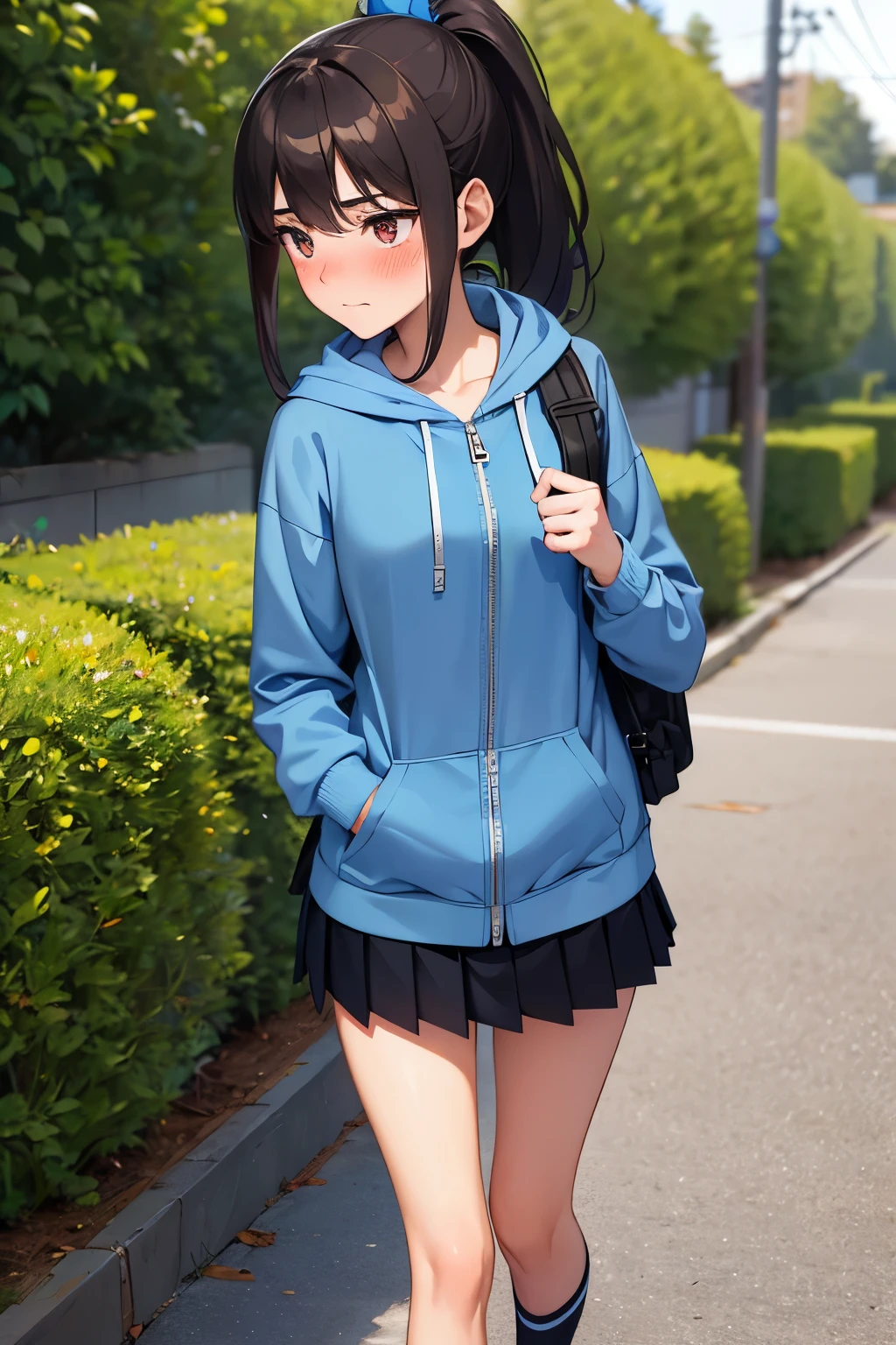 ((best quality)), ((masterpiece)), (detailed), (((perfect face))), (((slender 18yo teenage girl looking away))), (((wearing light blue hoodie zipped))), (((skinny thighs))), (((skinny hips))), (((dark blue pleated skirt))), ((brunette)), (((ponytail))), ((shy:1.3)), ((blushing:1.5)), ((walking)), (((suburban front yard))), ((wearing sneakers)), ((wearing backpack))