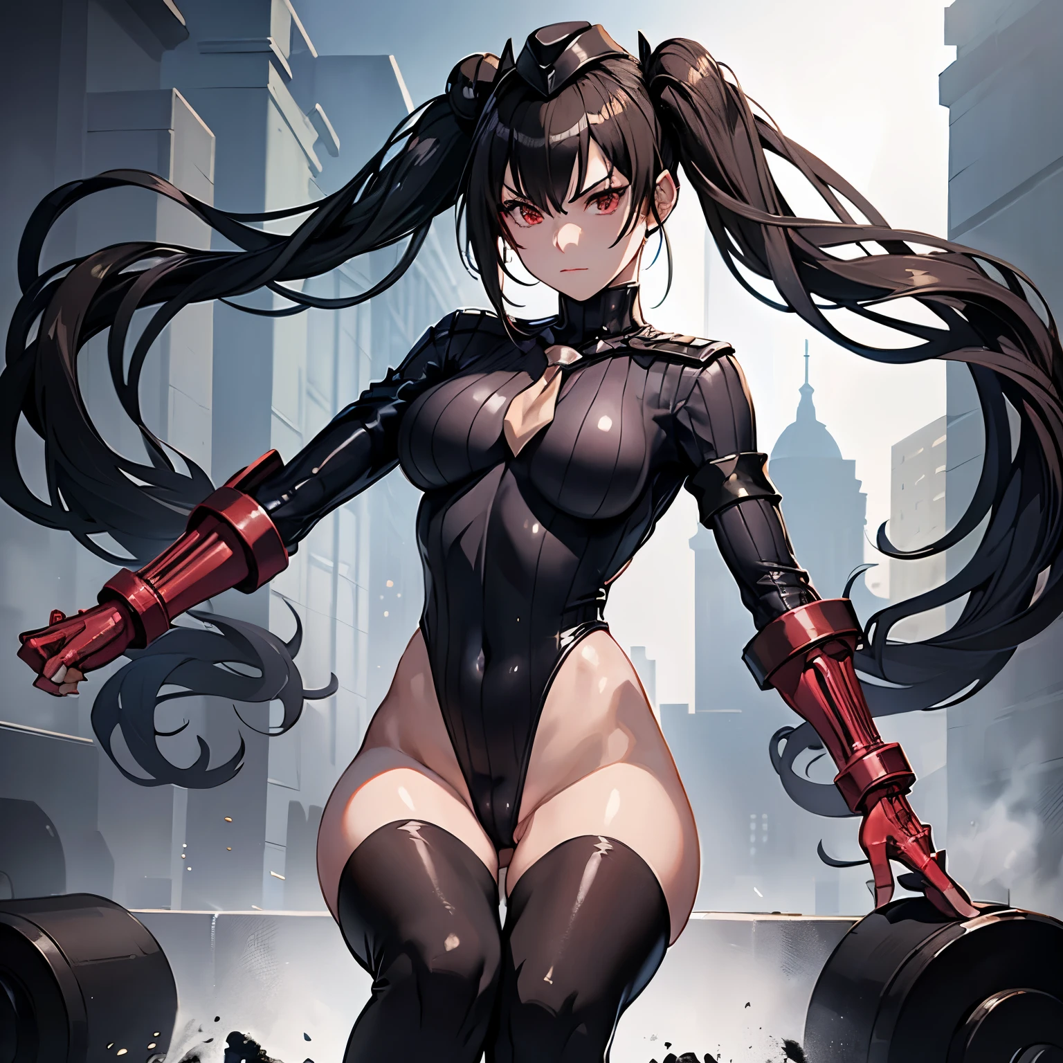 ultra-detailed, Explicit, Beautiful body, Beautiful Nose, Beautiful character design, perfect eyes, perfect face, ultra highres, 4K, beautiful legs, perfect legs, Nice hands, Perfect hand, Masterpiece, Best Quality, Highly detailed, illustration, absurdres, perfect anatomy, street fighter, doll suit, shadaloo doll, dollsuit, expressionless, blank eyes, looking at viewer, red gloves, emotionless, black latex, corrution, mind control, female combatant, full body, hypnotized, unhappy trance, full body suit, ribbed bodysuit, both arms at side, obey, perfect female body, extremely glossy latex, hypnosis, hypnoLora, empty eyes, Mind control device, poses, submissive_pose, Slave, sitting straight, sitting, sitting at attention, hat, necktie, belt, latex, ribbed bodysuit, thighhighs, garter belt, Fighting Stance, extending the right arm from the shoulder into the air with a straightened hand, military, thigh boots, black pantyhose, (((pixel-perfect, detail-perfect))), solo, 1girl, hair ornaments, long hair, black hair, red eyes, Ouroboros , Girls' Frontline, small breast, twintails, evil smile, sitting on throne,