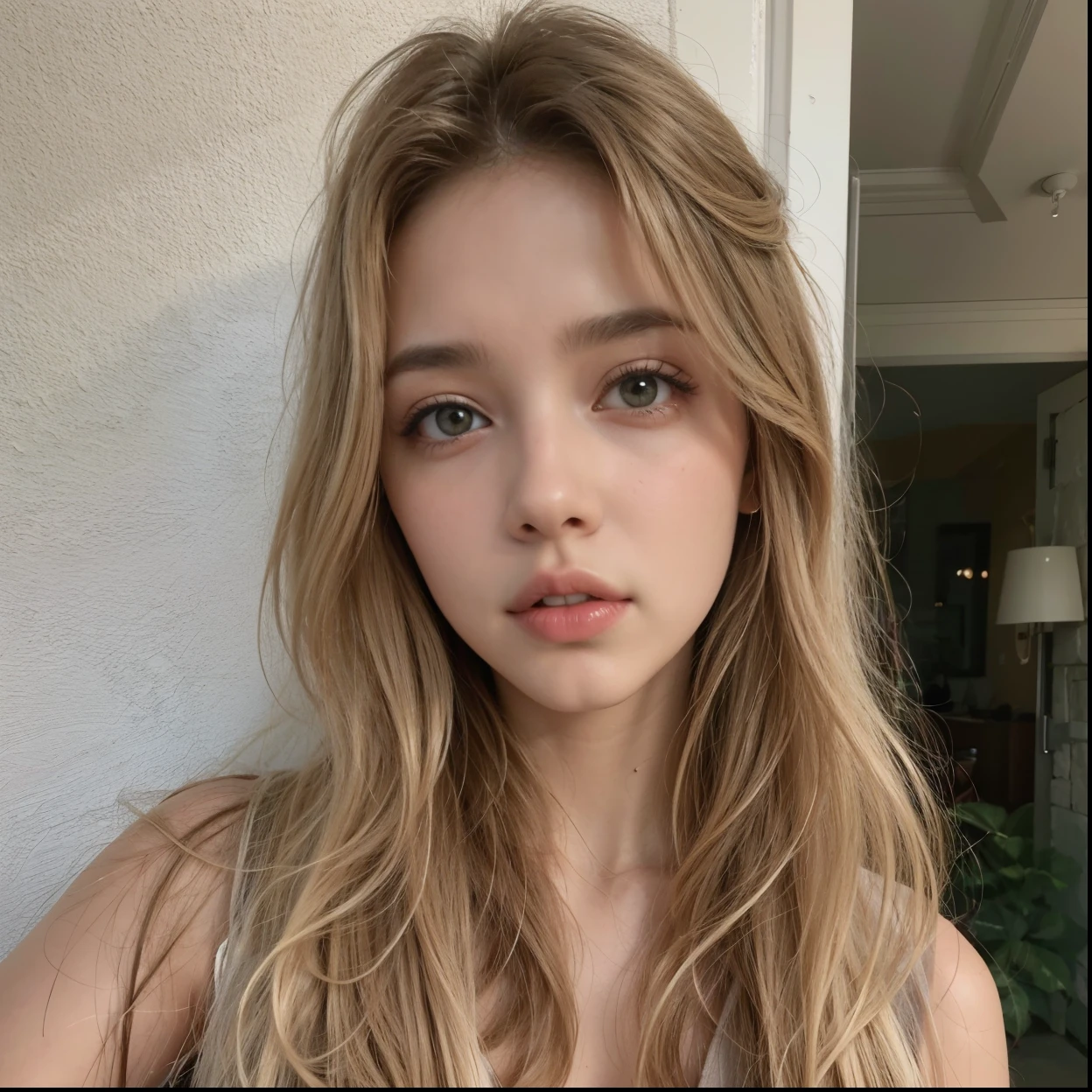 1Girl 18 years old, nur, Lange Haare, midsize , Blick auf den Betrachter, blondes Haar, nackte Schultern, braune Augen, Schmuck, full entire body, Halskette, schulterfrei, pullover, lips, realistisch, Nase, Flirten mit der Kamera