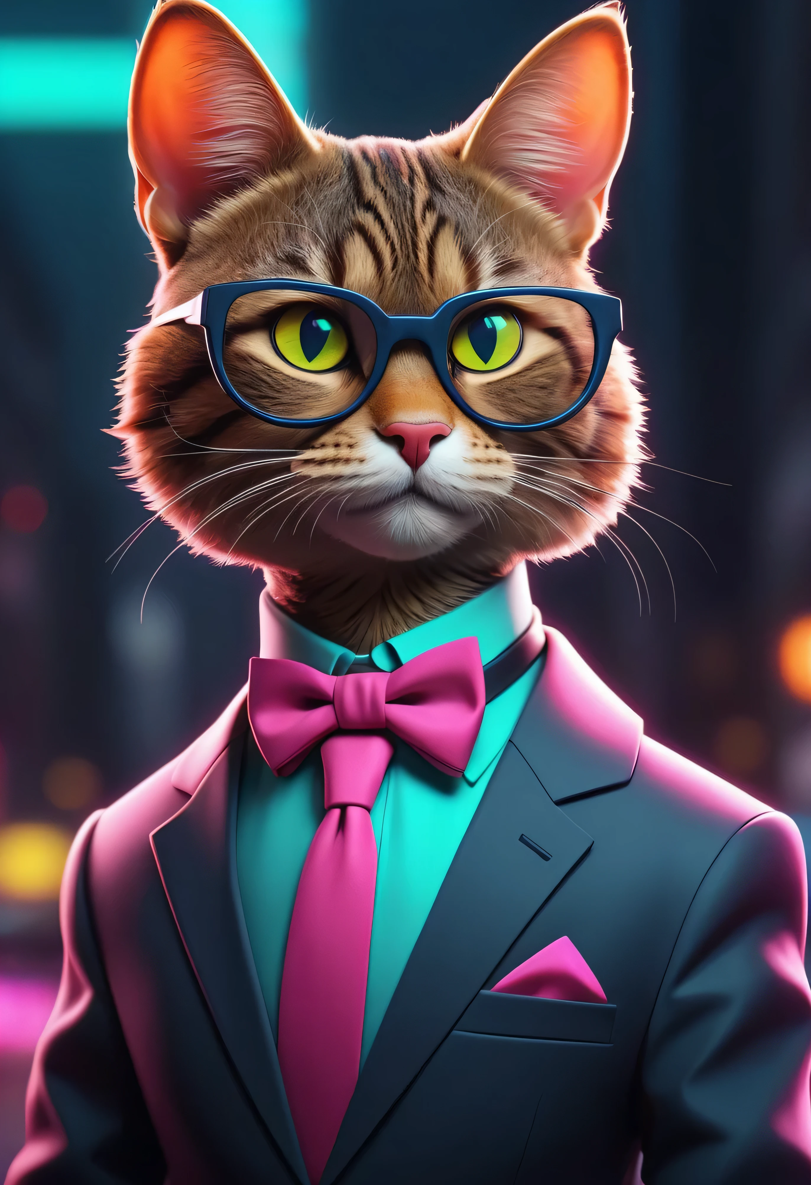 There is a tabby cat wearing a suit and glasses with a bow tie, gato cyberpunk, Gatos Neon bonitos, olhando heckin legal e elegante, Gato. pintura digital, arte digital peluda, estilo de arte synthwave, estilo de arte synthwave ]!!, anthropomorphic cat, Fursona usando roupas estilosas, style hybrid mix of beeple, estilo retrowave