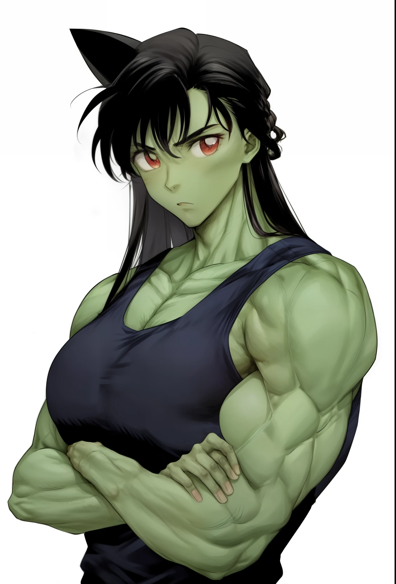  1 girl, black hair ,green skin,muscular female, alternate muscle size,,mouri ran  (meitantei conan) , biceps,muscular shoulder,upper body,thick arm,