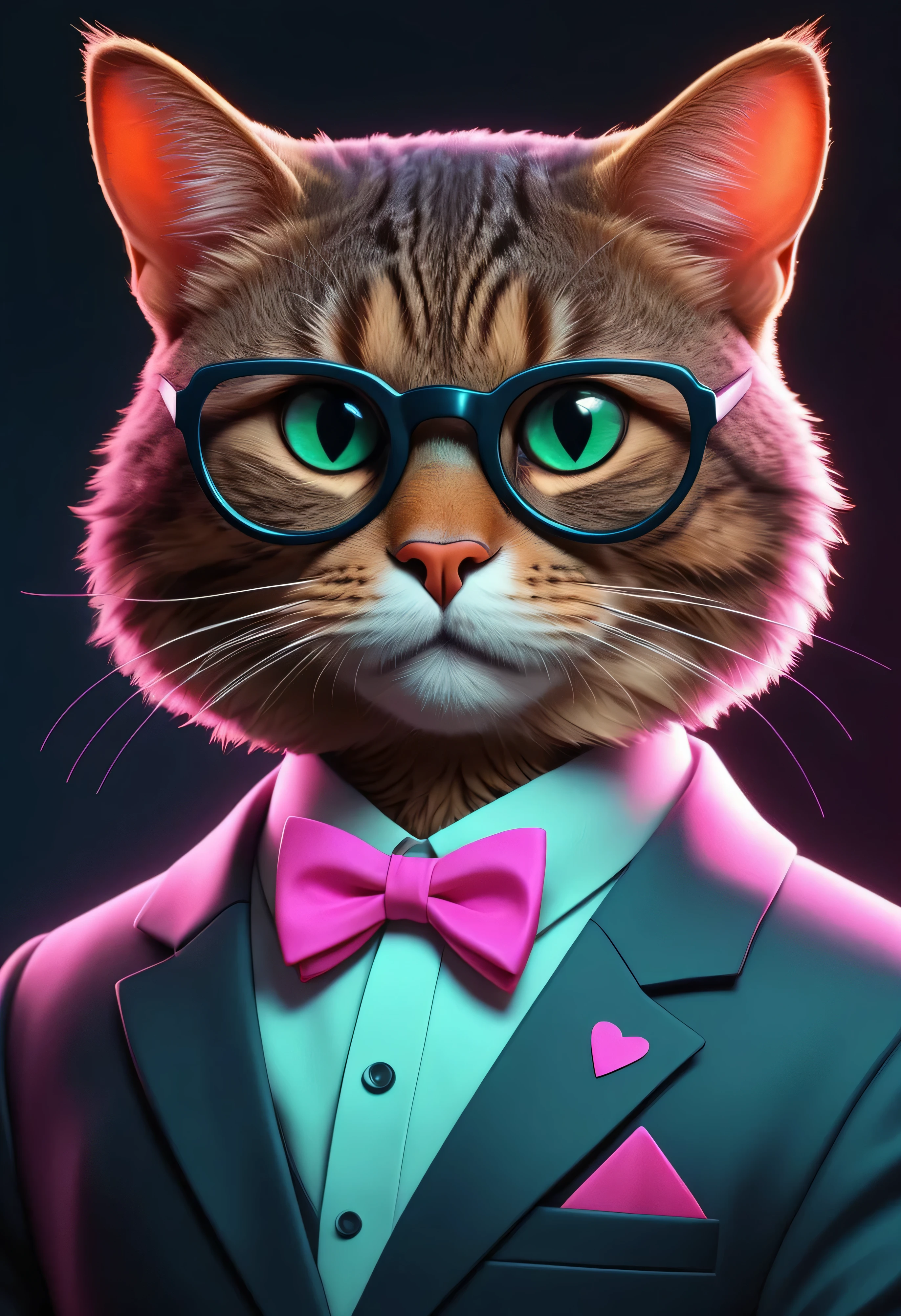 There is a tabby cat wearing a suit and glasses with a bow tie, gato cyberpunk, Gatos Neon bonitos, olhando heckin legal e elegante, Gato. pintura digital, arte digital peluda, estilo de arte synthwave, estilo de arte synthwave ]!!, anthropomorphic cat, Fursona usando roupas estilosas, style hybrid mix of beeple, estilo retrowave