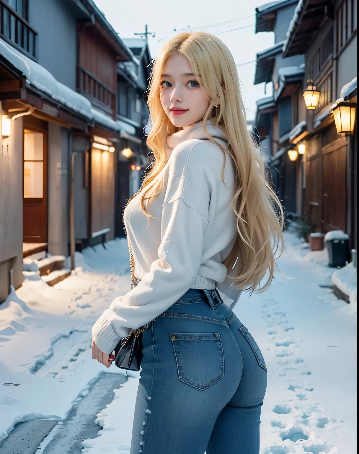 1girl, (Blue Eyes), (smiling), (Sana Minatozaki), black sweater :1.3, black scarf :1.2, wide hips, Big tits, big ass, (Best Quality, 8k, Masterpiece: 1.3), Clear Focus: 1.2, Perfect Body Beauty: 1.4, Highly detailed face and skin texture, detailed eyes, double eyelids, (blond long hair :1.2), jeans, standing, dynamic pose, in a snowy Japanese neighborhood at night, snowy street at night, snowing at night, very cold, blurred background
