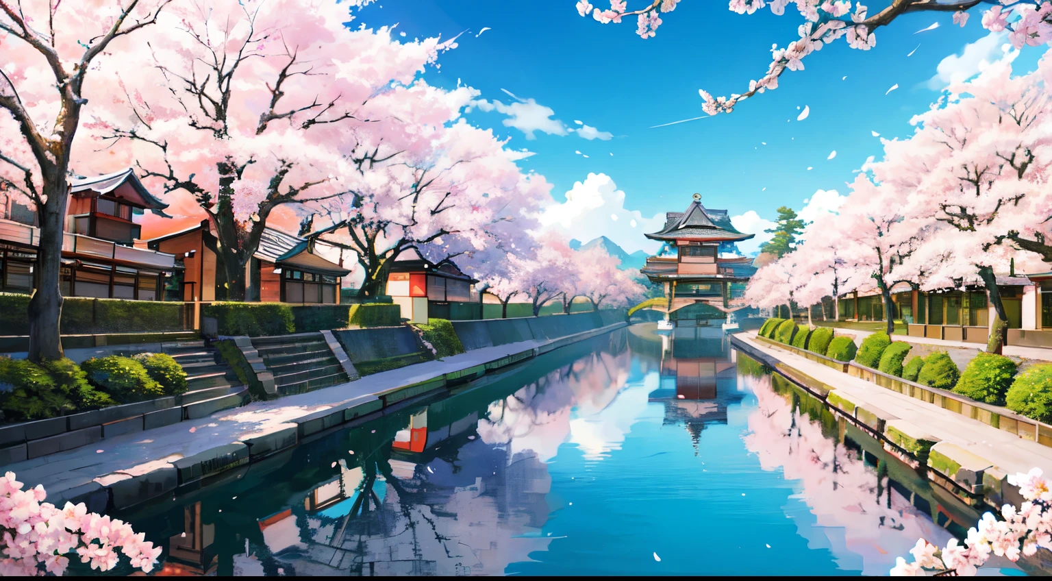 A close up of a river with a boat in it near a building - SeaArt AI