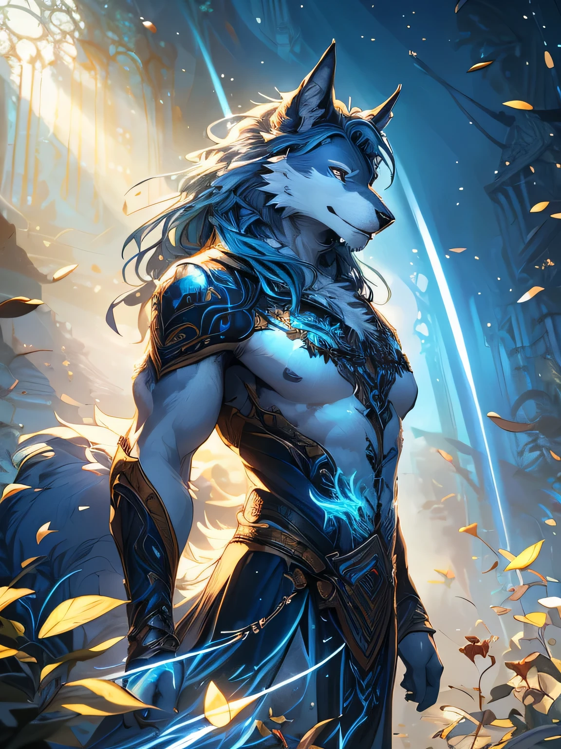 (Blue-haired and white-haired werewolves),(perfect composition,Perfectly centered), (Fantasy black and gold beam), (joy,happiness), (standing posture), (The beauty of abstraction), (central focus),(staring at camera),(face camera), (almost flawless), (Dynamic), (Very detailed), (seed), (sharp focus), (8k), (high resolution), (illustration), (Artwork by Carne Griffiths and Wadim Kashin)
