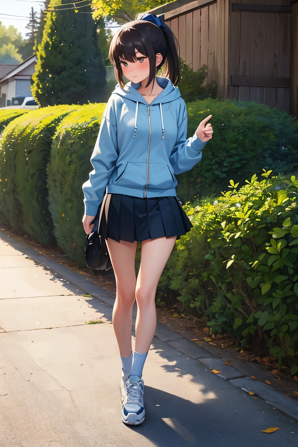 ((best quality)), ((masterpiece)), (detailed), (((perfect face))), (((slender 18yo age girl looking away))), (((wearing light blue hoodie zipped))), (((skinny thighs))), (((skinny hips))), (((dark blue pleated skirt))), ((brunette)), (((ponytail))), ((shy:1.3)), ((blushing:1.5)), ((walking on front path)), (((suburban front yard))), ((house in background)), ((wearing sneakers)), ((wearing backpack))